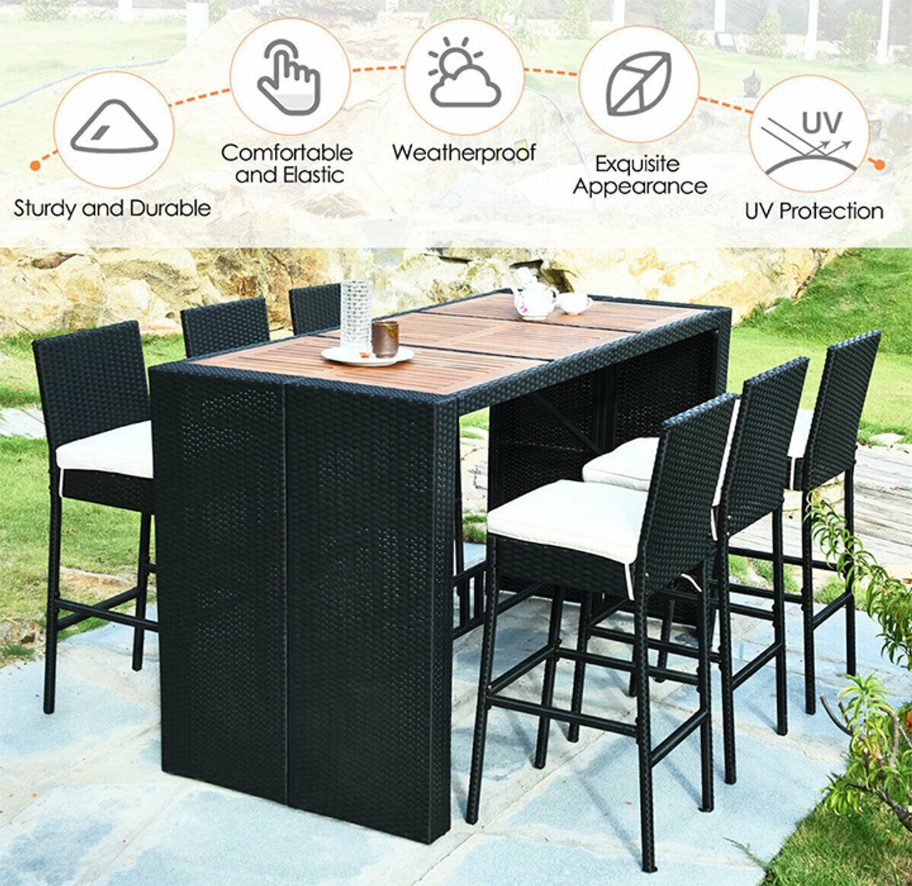 Rattan and Wood 7-Piece Bar Height Patio Dining Set product image