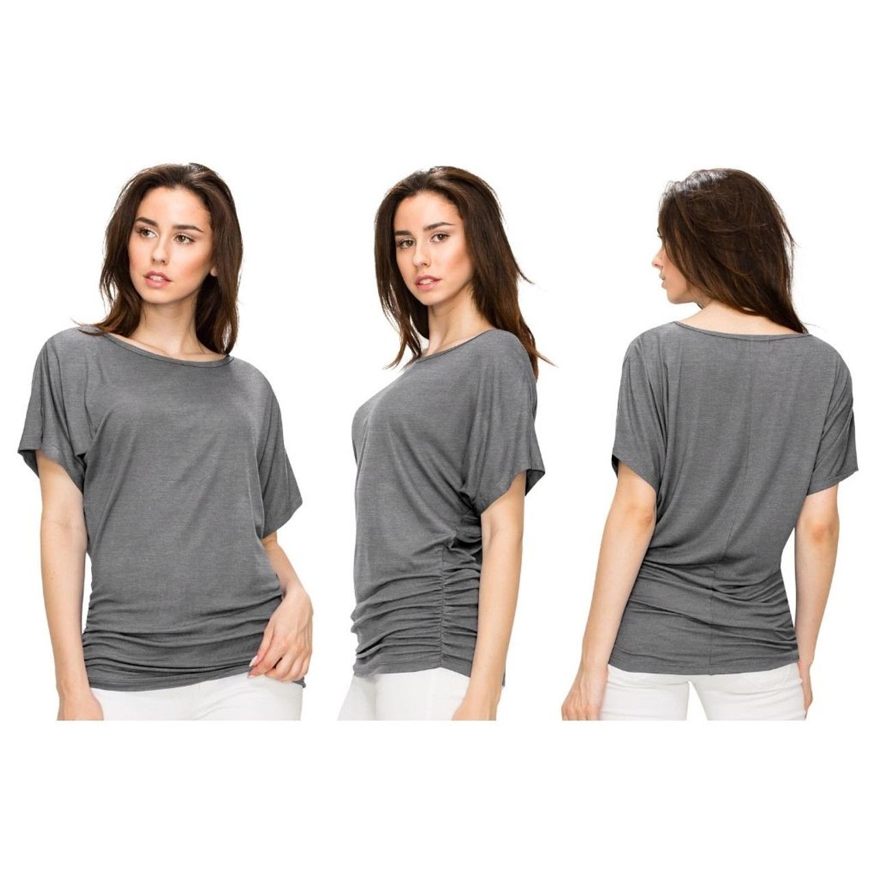 Women's Solid Short Sleeve Boat Neck V-Neck Dolman Top product image