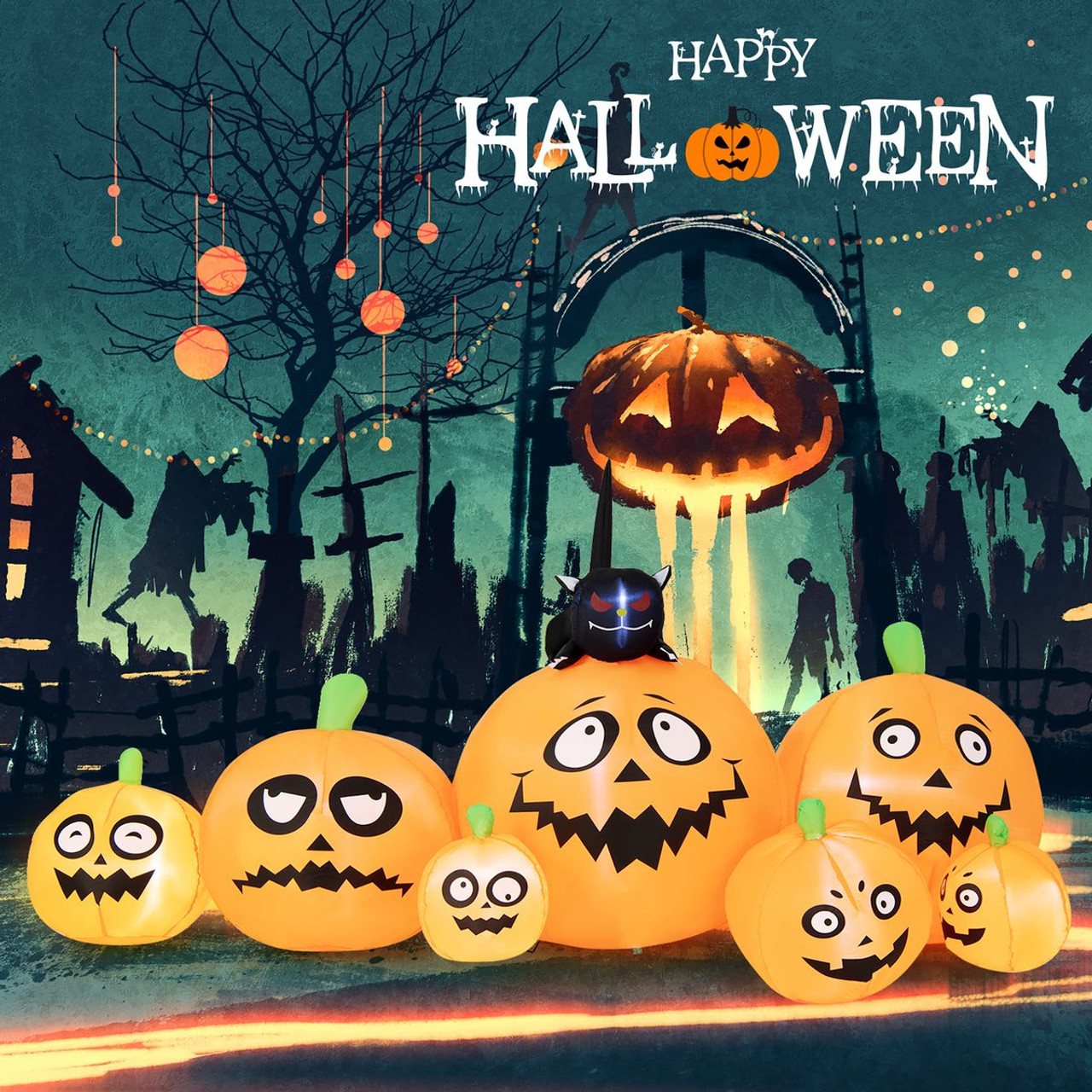 Pumpkin Patch Halloween Inflatable with Black Cat & Built-in LED Lights product image