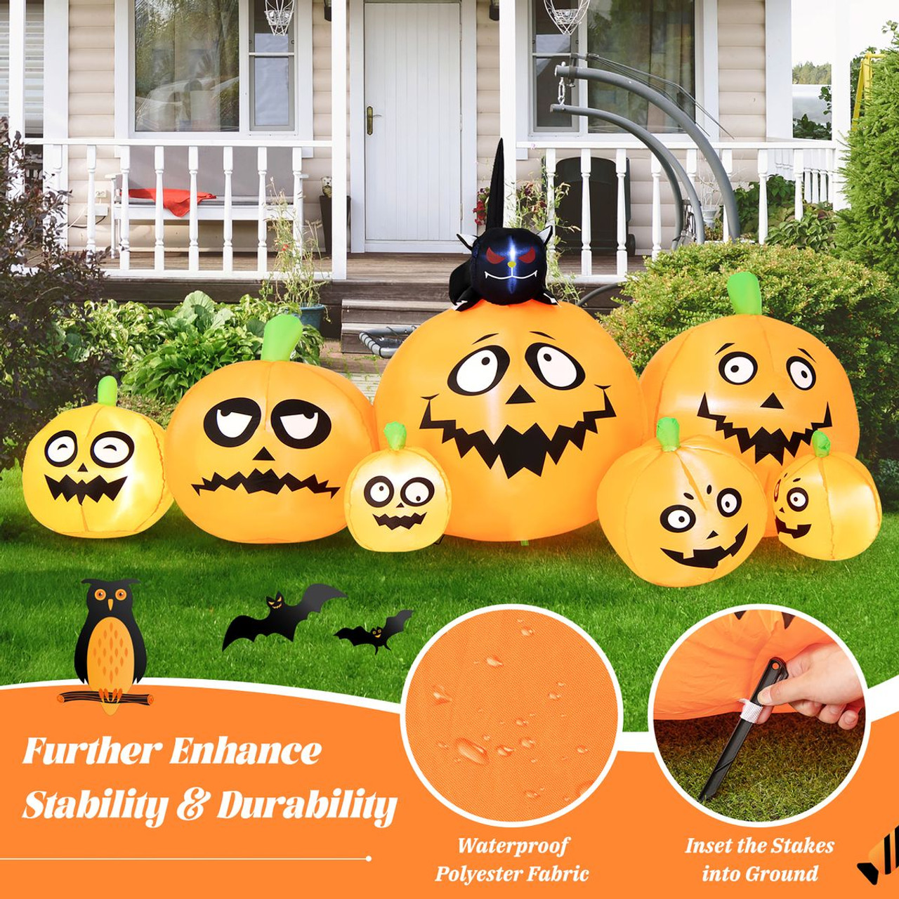 Pumpkin Patch Halloween Inflatable with Black Cat & Built-in LED Lights product image