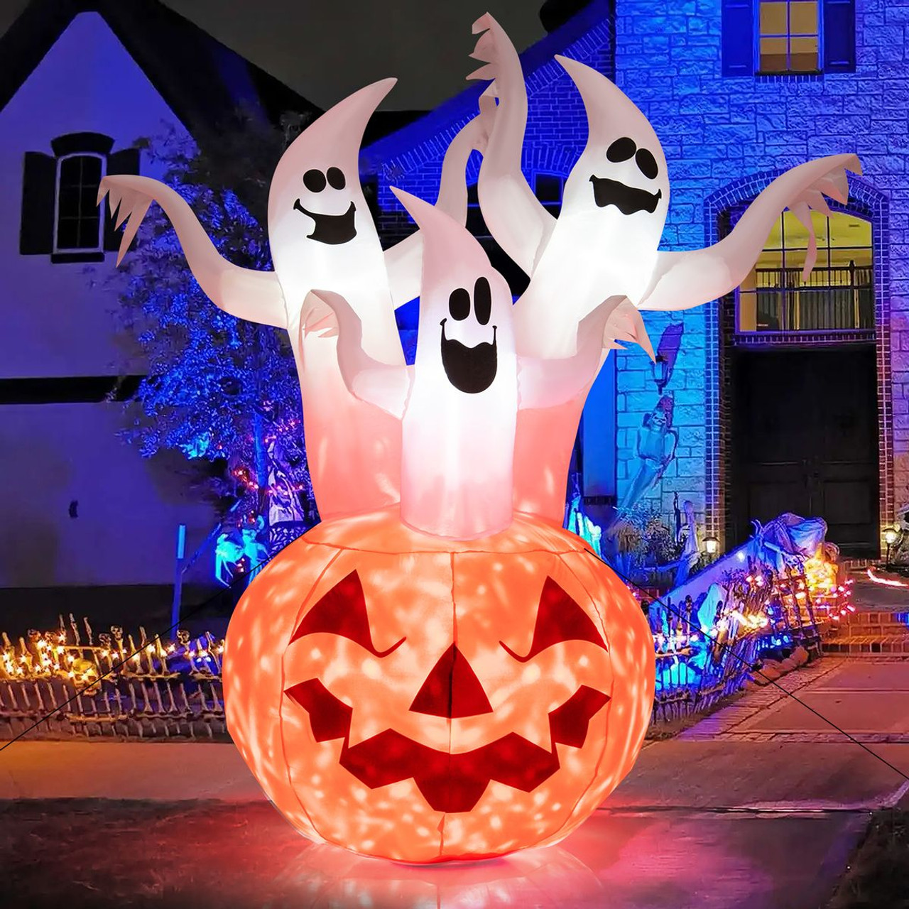 6-Foot Inflatable Halloween Three White Ghosts with Pumpkin Decor product image