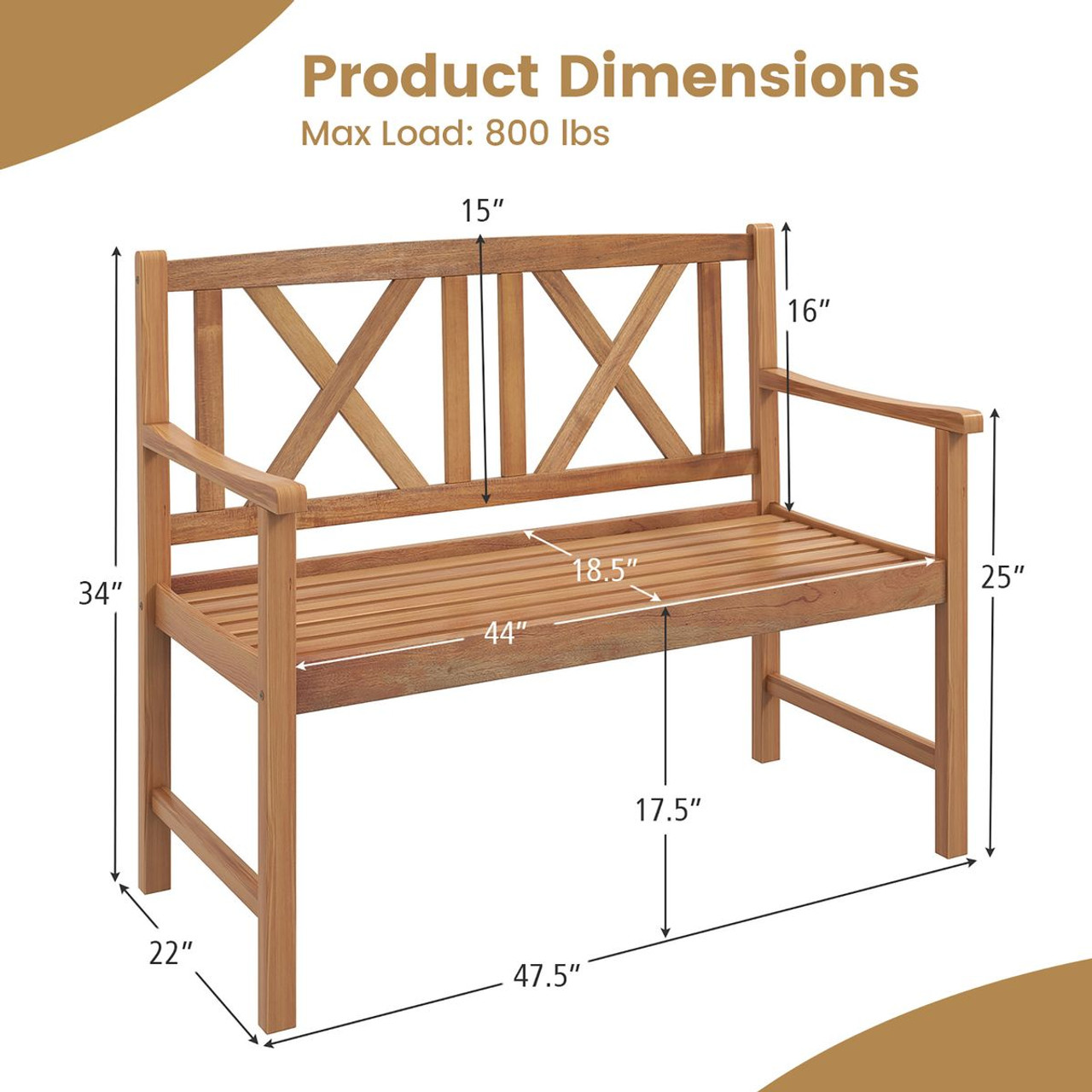 2-Person Wood Outdoor Bench with Cozy Armrest & Backrest product image