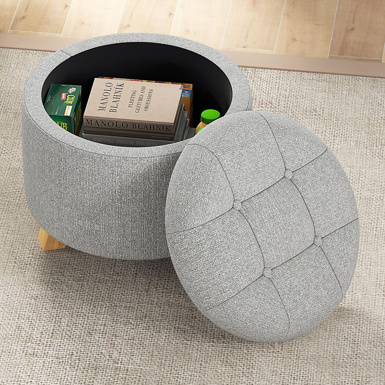 Round Fabric Storage Ottoman with Tray and Non-Slip Pads product image