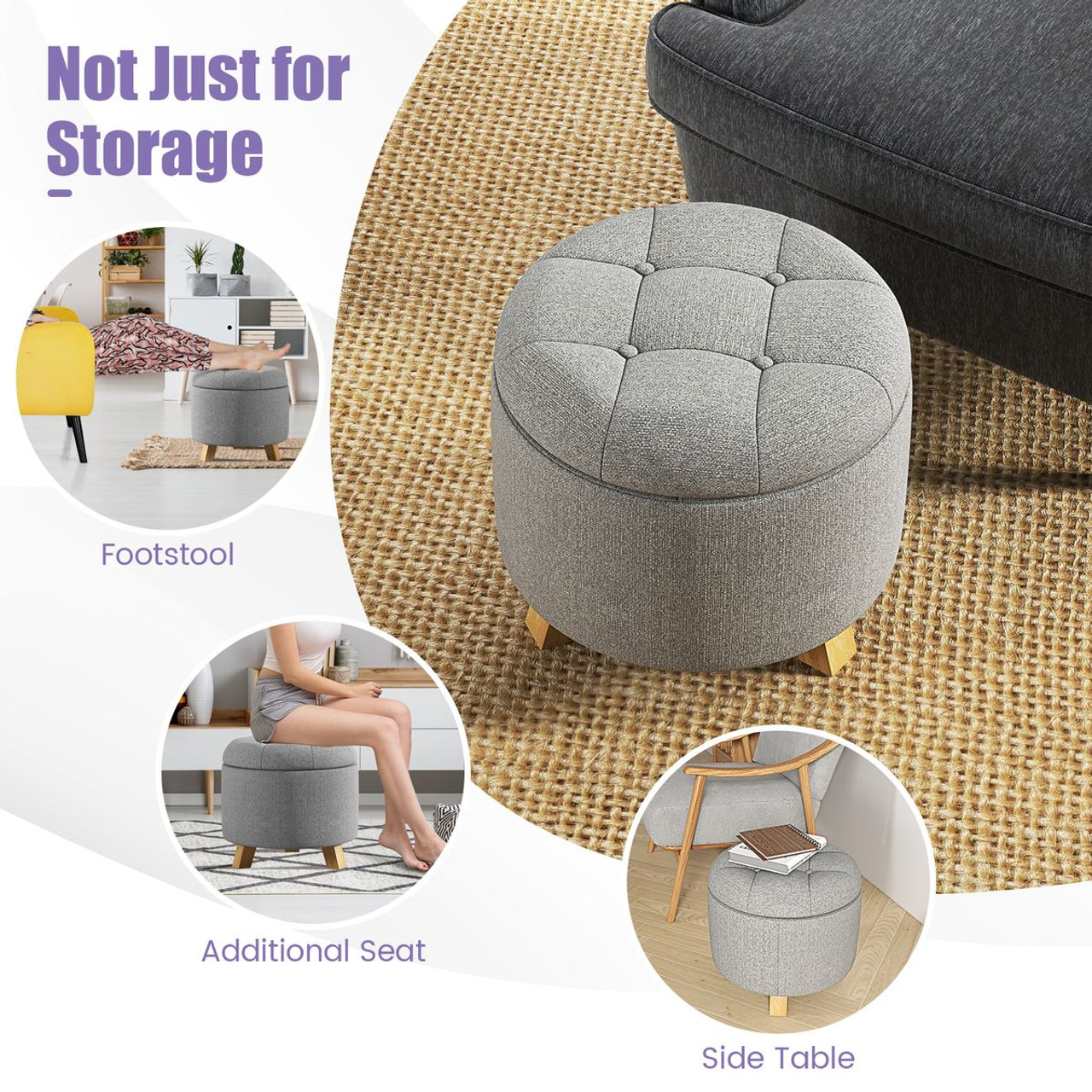 Round Fabric Storage Ottoman with Tray and Non-Slip Pads product image