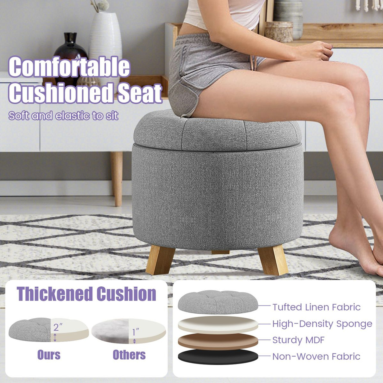 Round Fabric Storage Ottoman with Tray and Non-Slip Pads product image