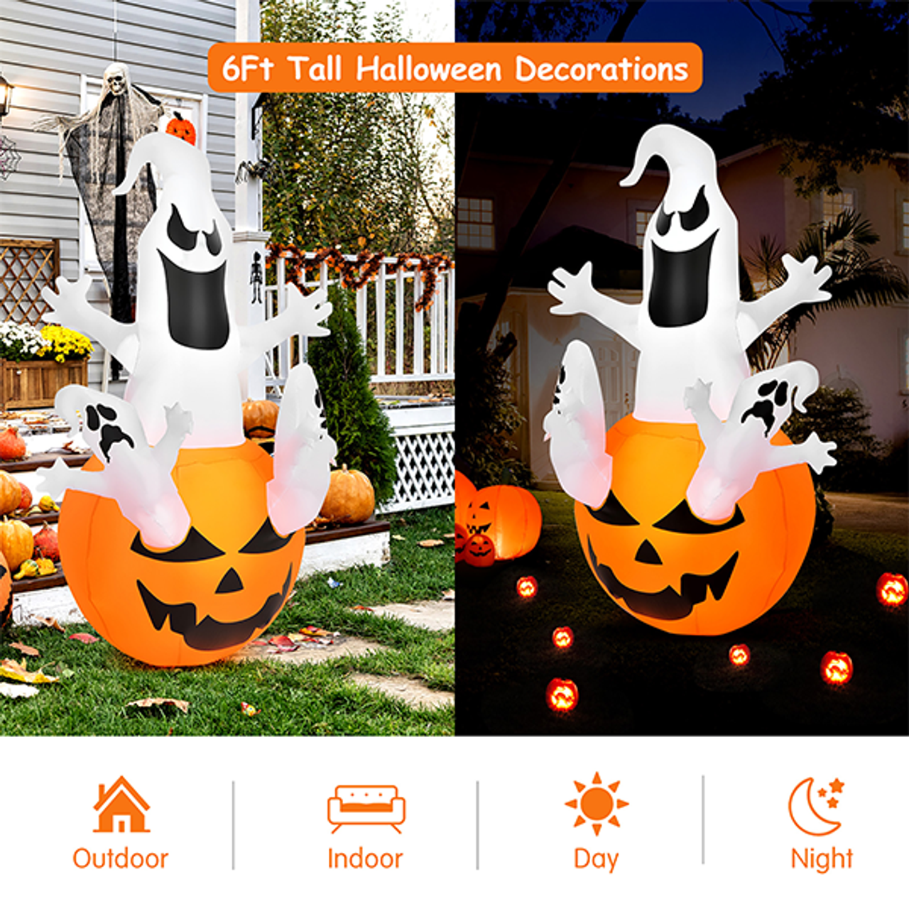 6-Foot Pumpkin-Ghost Halloween Blow-up Inflatable with Built-in LED Light product image