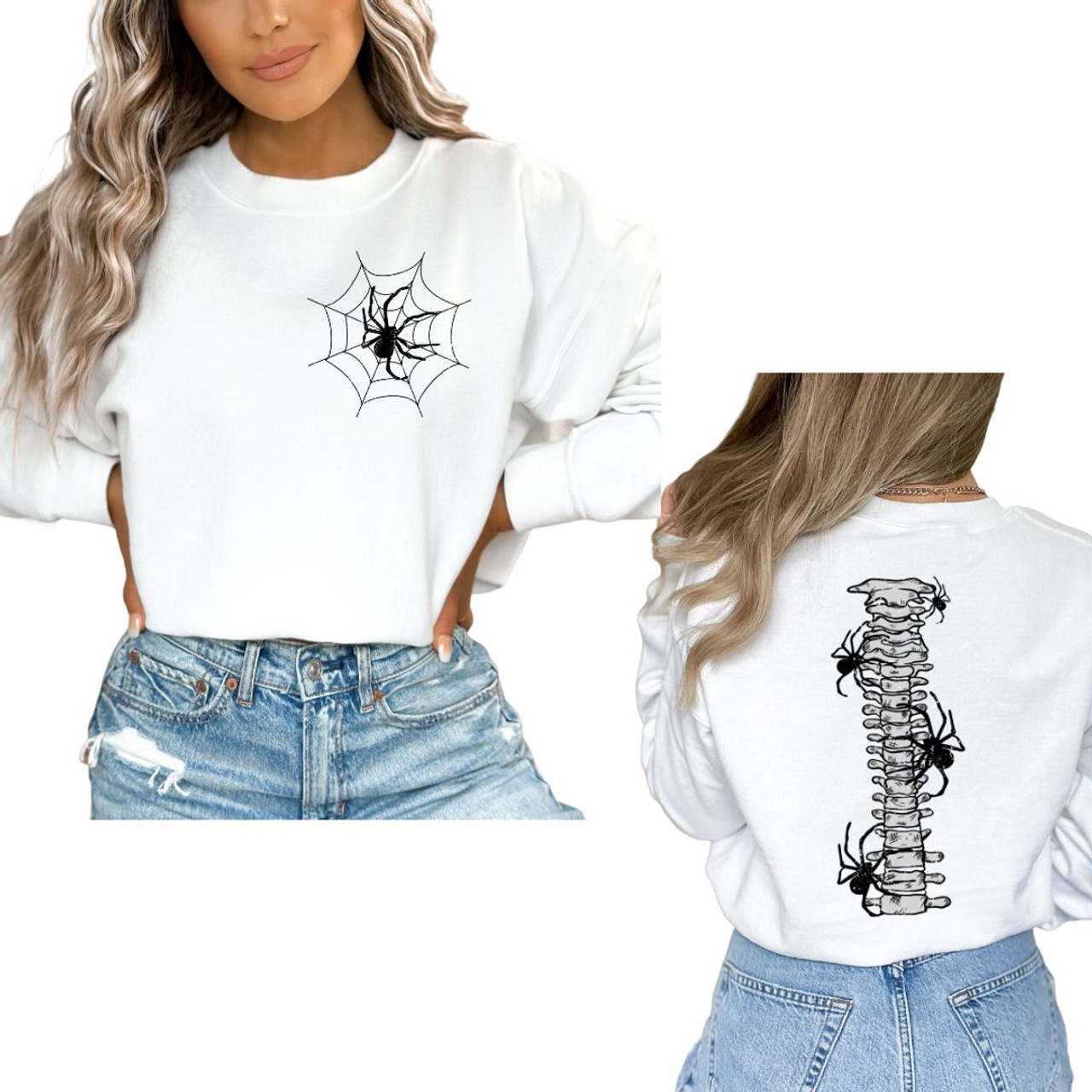 Women's Halloween Sweatshirt, Spider Web and Spiders on Spine product image Women's Halloween Sweatshirt, Spider Web and Spiders on Spine product image
