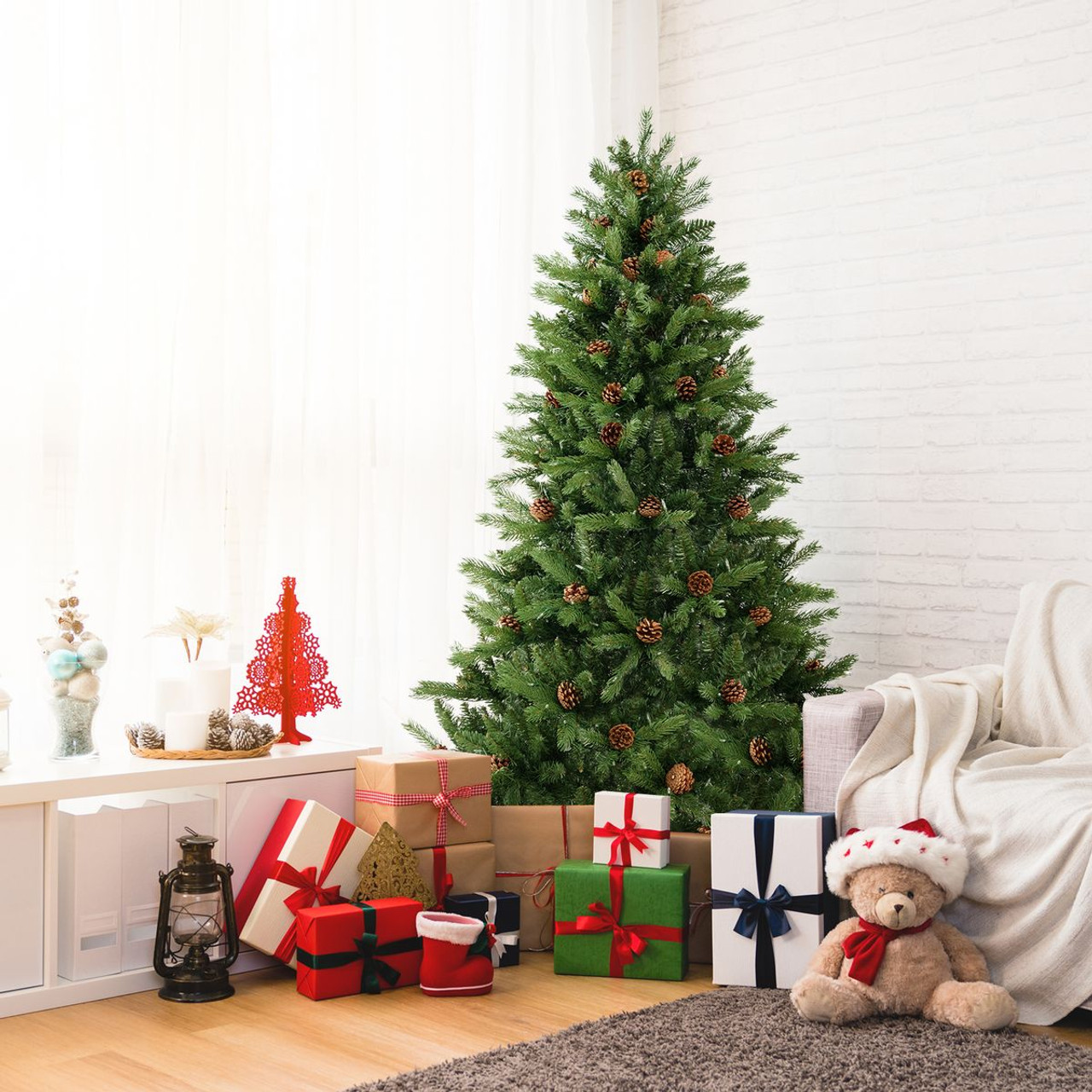 6-Foot Artificial Christmas Tree with Pine Cones & Adjustable Brightness product image