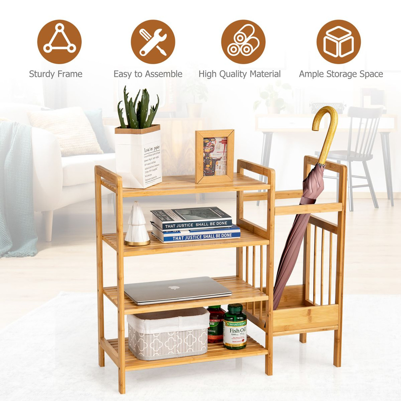 4 Tier Bamboo Shoe Rack Organizer with Umbrella Holder DailySteals