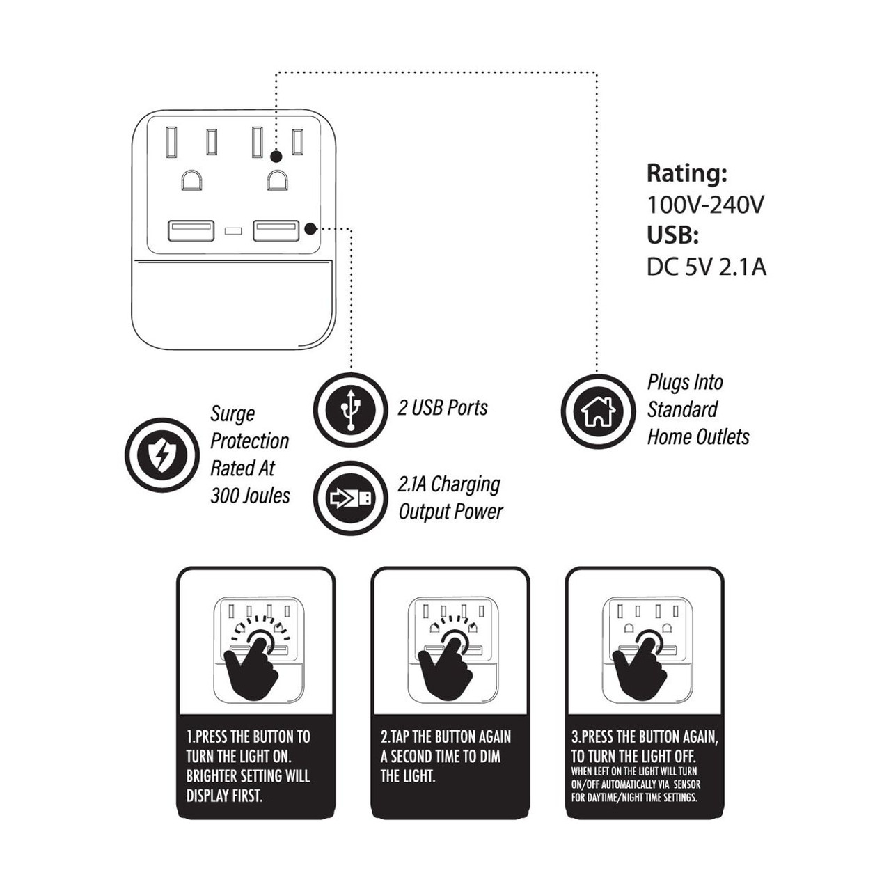 2 Outlet 2 USB Wall Plug with LED Light (1- to 4-Pack) product image
