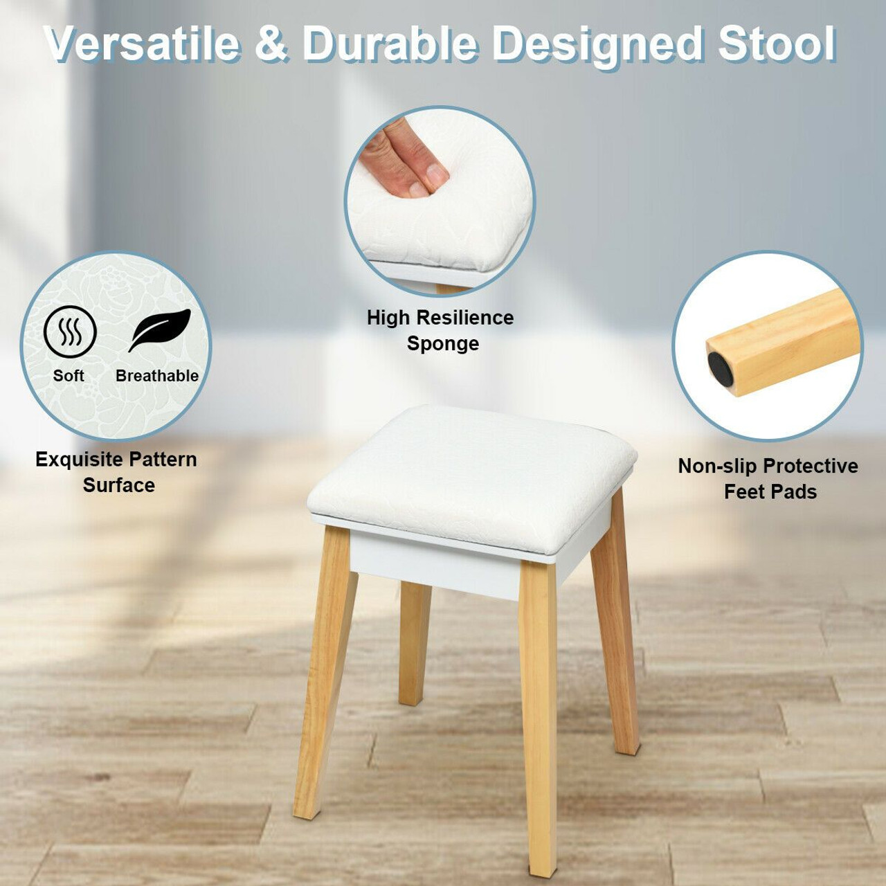 Wooden Vanity Table with Flip-Top Mirror and Cushioned Stool product image
