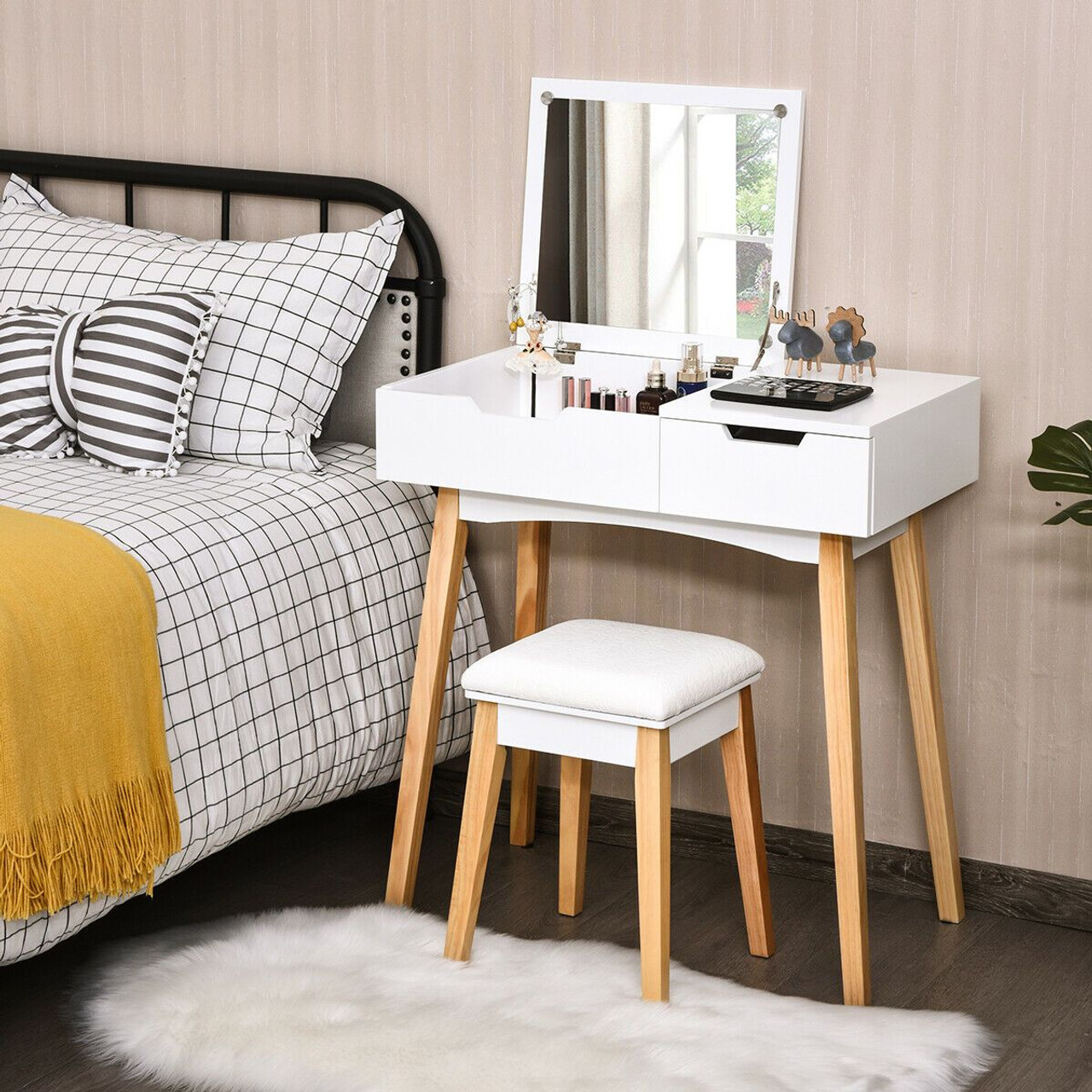 Wooden Vanity Table with Flip-Top Mirror and Cushioned Stool product image