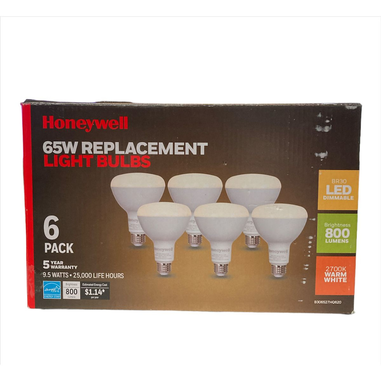Honeywell Dimmable 800 Lumen BR30 LED Light Bulbs, Warm White (6-Pack) product image