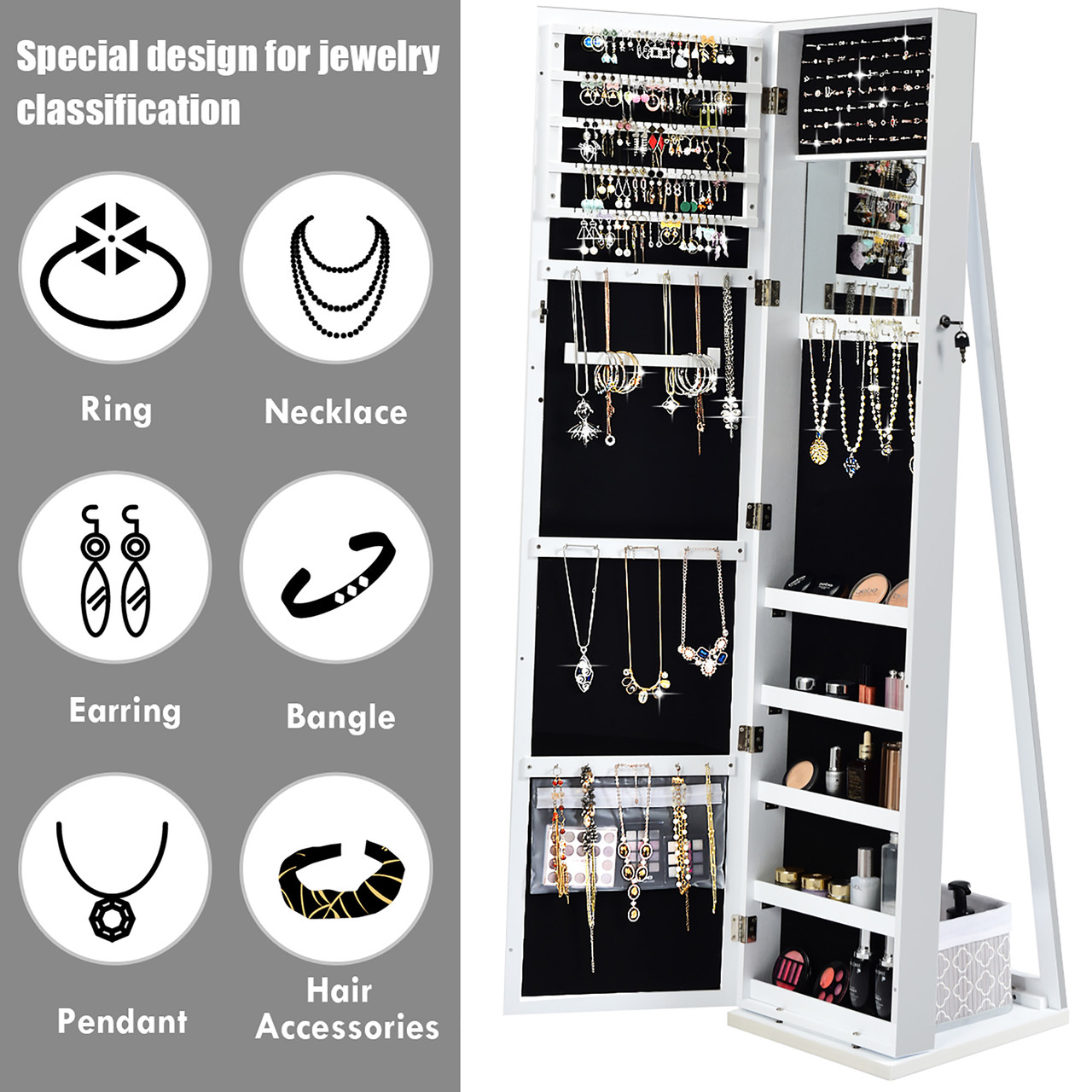 2-in-1 Jewelry Cabinet & Standing Mirror Lockable Storage Organizer product image