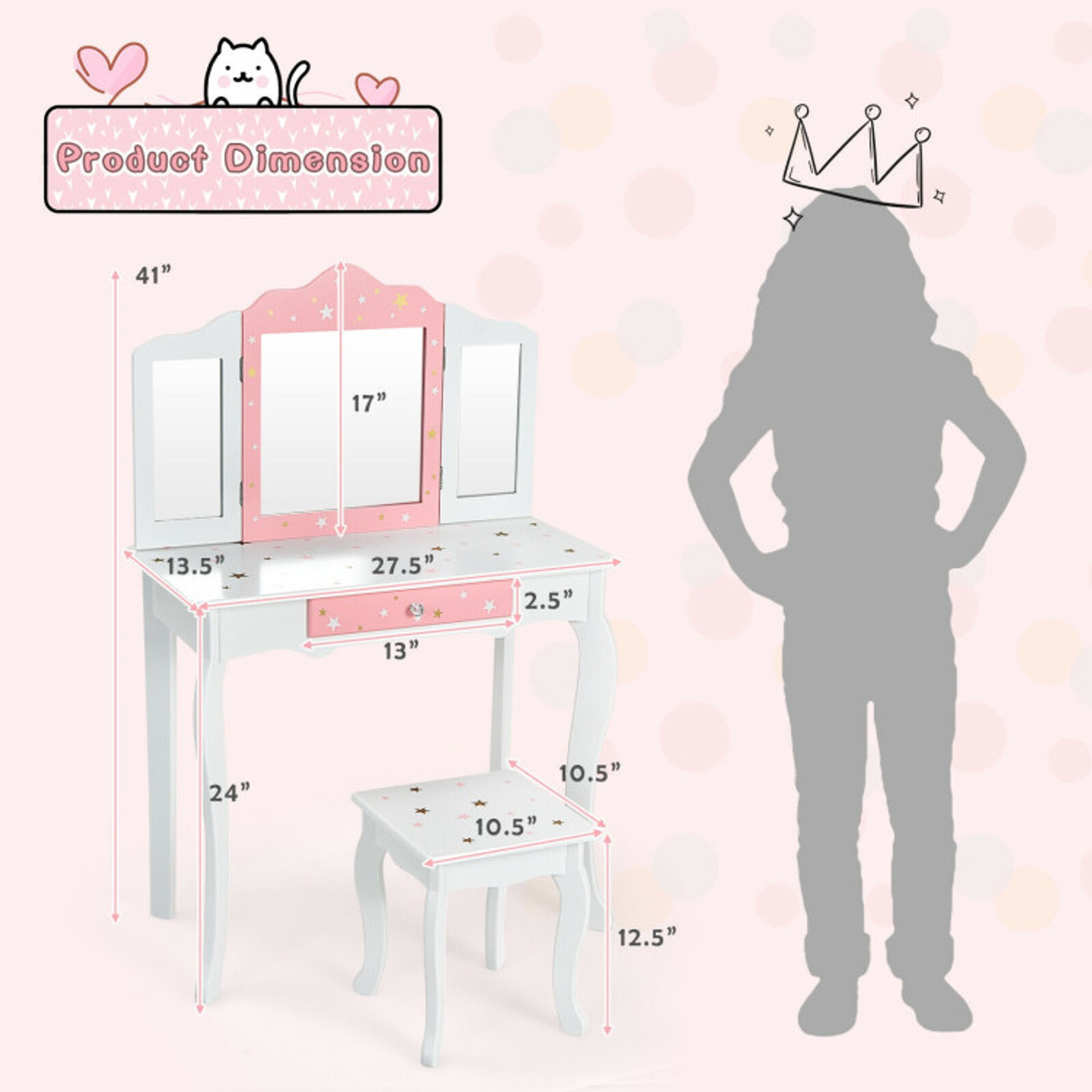 Kids' Princess Vanity Table & Stool Set with Tri-Folding Mirror & Drawer product image