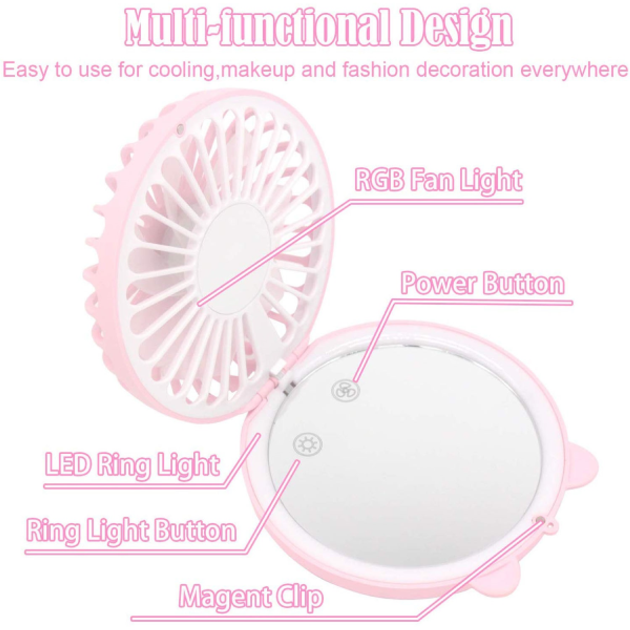 Lucky Cat Portable Personal Fan and Handheld Make Up Mirror product image