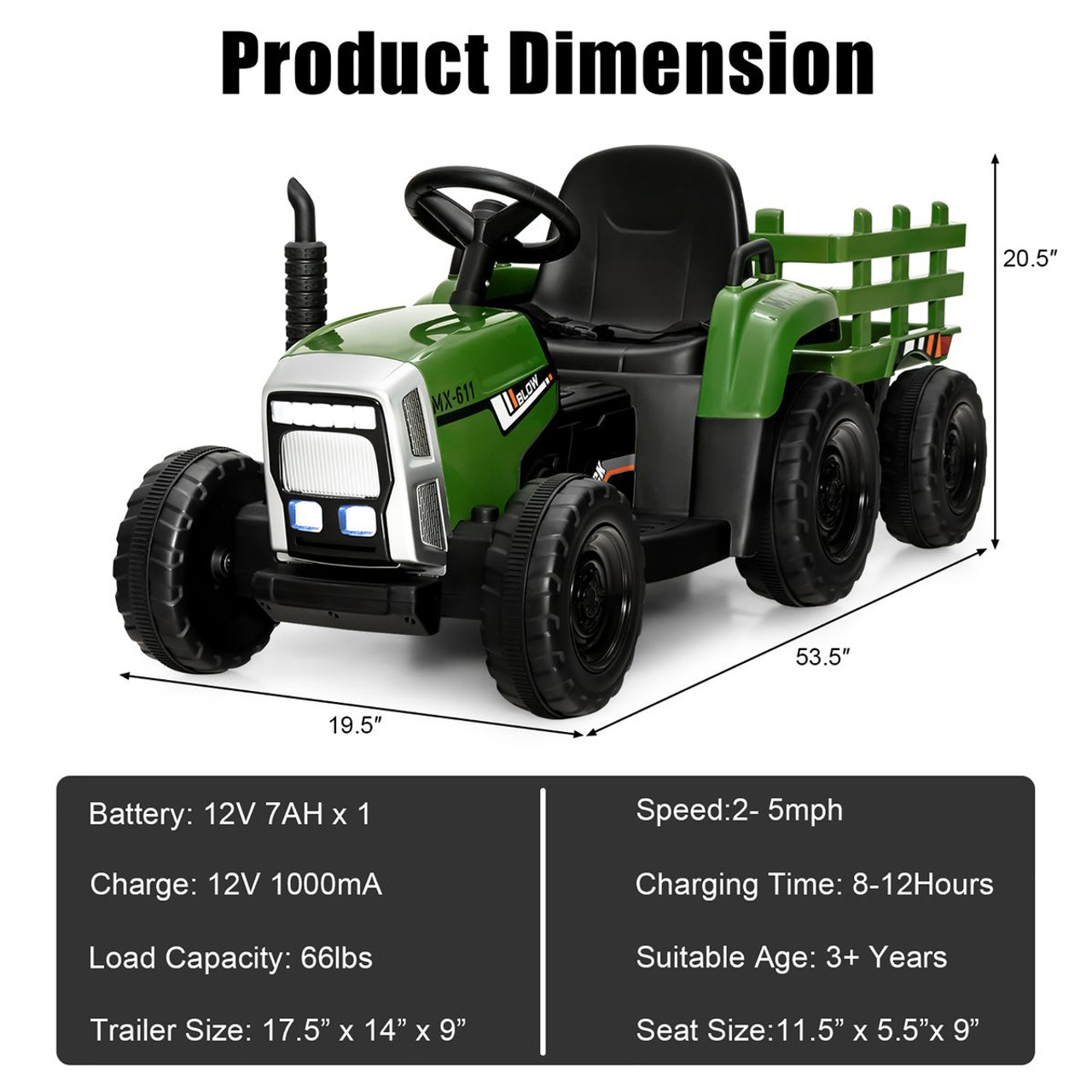 Kids' 12V Ride-on Tractor with Trailer and Parent Remote Control product image Kids' 12V Ride-on Tractor with Trailer and Parent Remote Control product image
