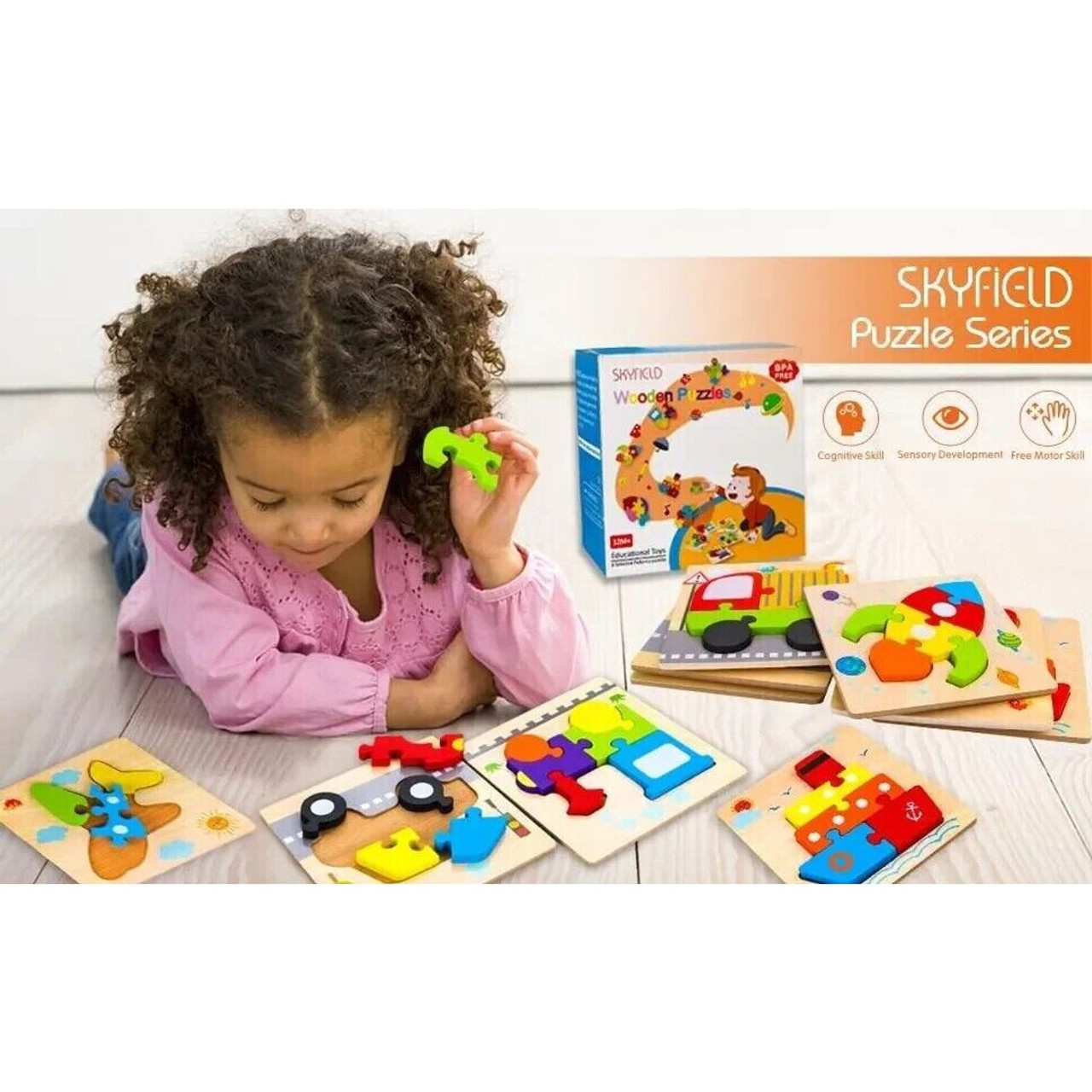 SKYFIELD 6-Piece Wooden Vehicle Puzzles – Montessori Learning (Assorted) product image