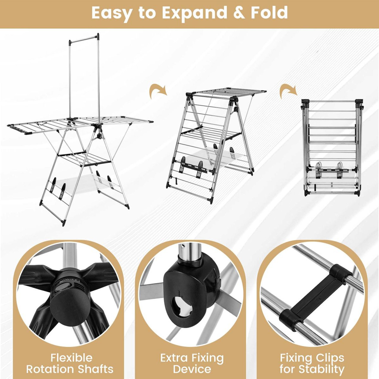 Costway 2-Level Clothes Drying Rack Foldable Airer w/ Height-Adjustable  Gullwing