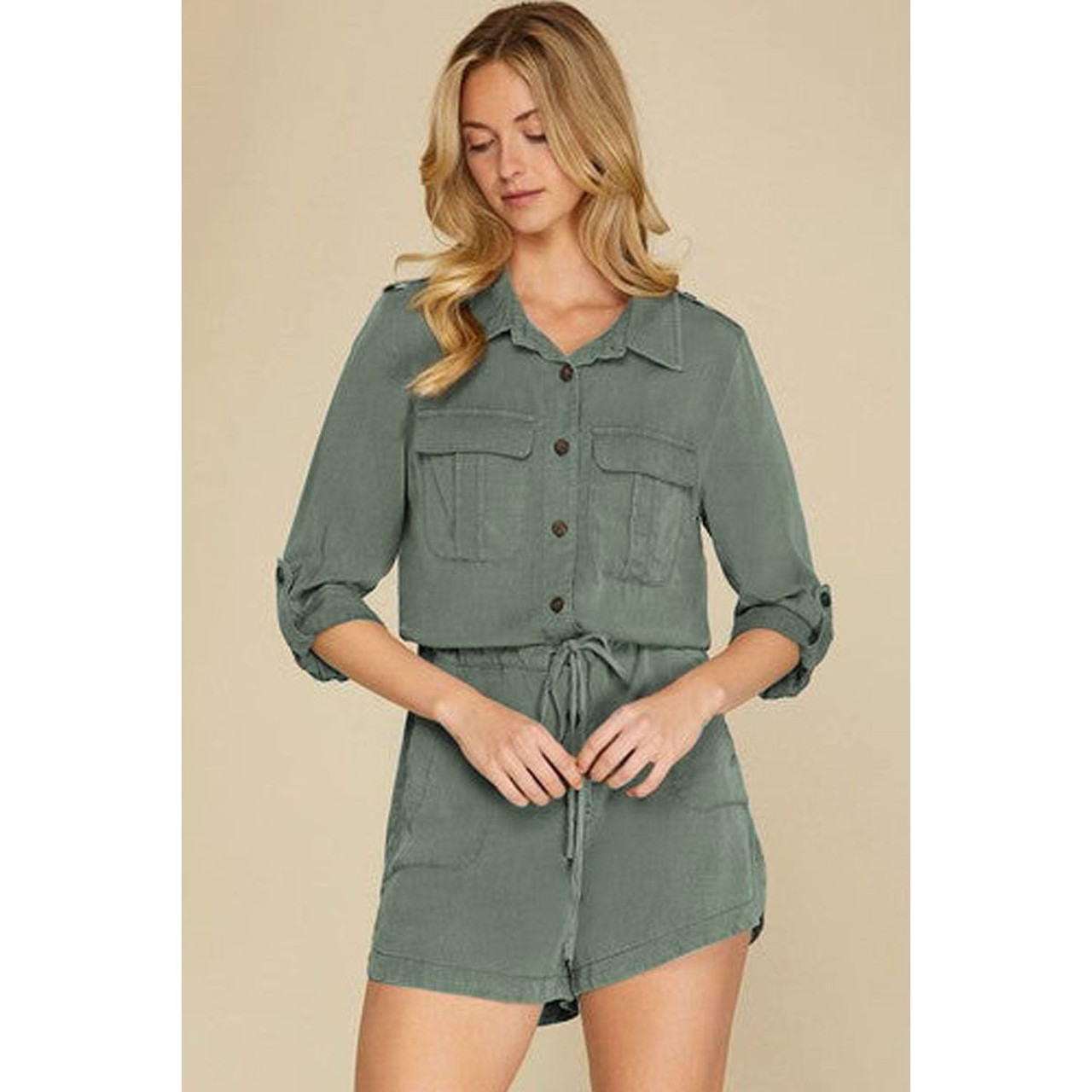 Women's Reese Roll-up Sleeve Flap Pockets Drawstring Romper product image