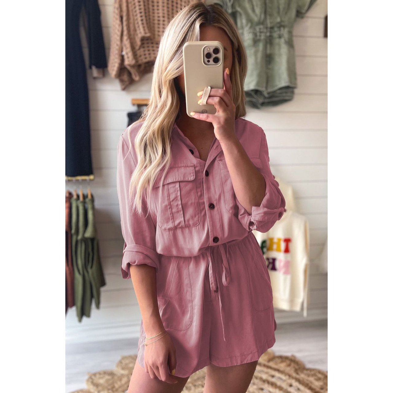 Women's Reese Roll-up Sleeve Flap Pockets Drawstring Romper product image