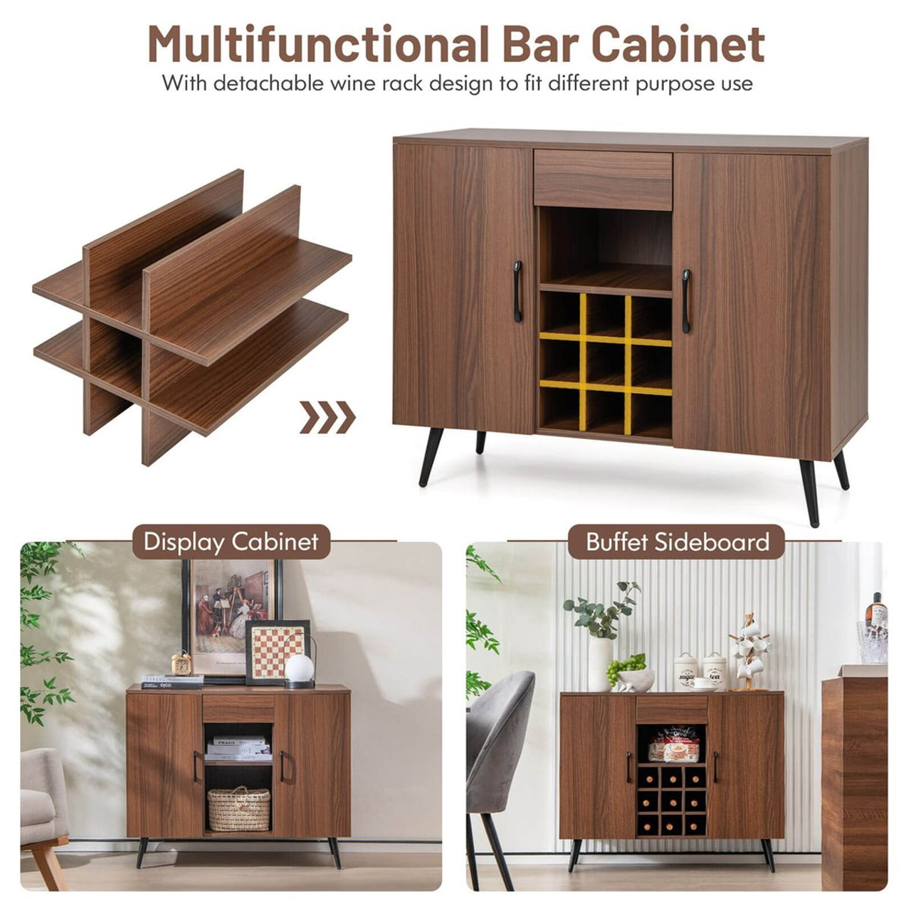 Mid-Century Modern Buffet Sideboard Server Cabinet with 9-Bottle Wine Rack product image