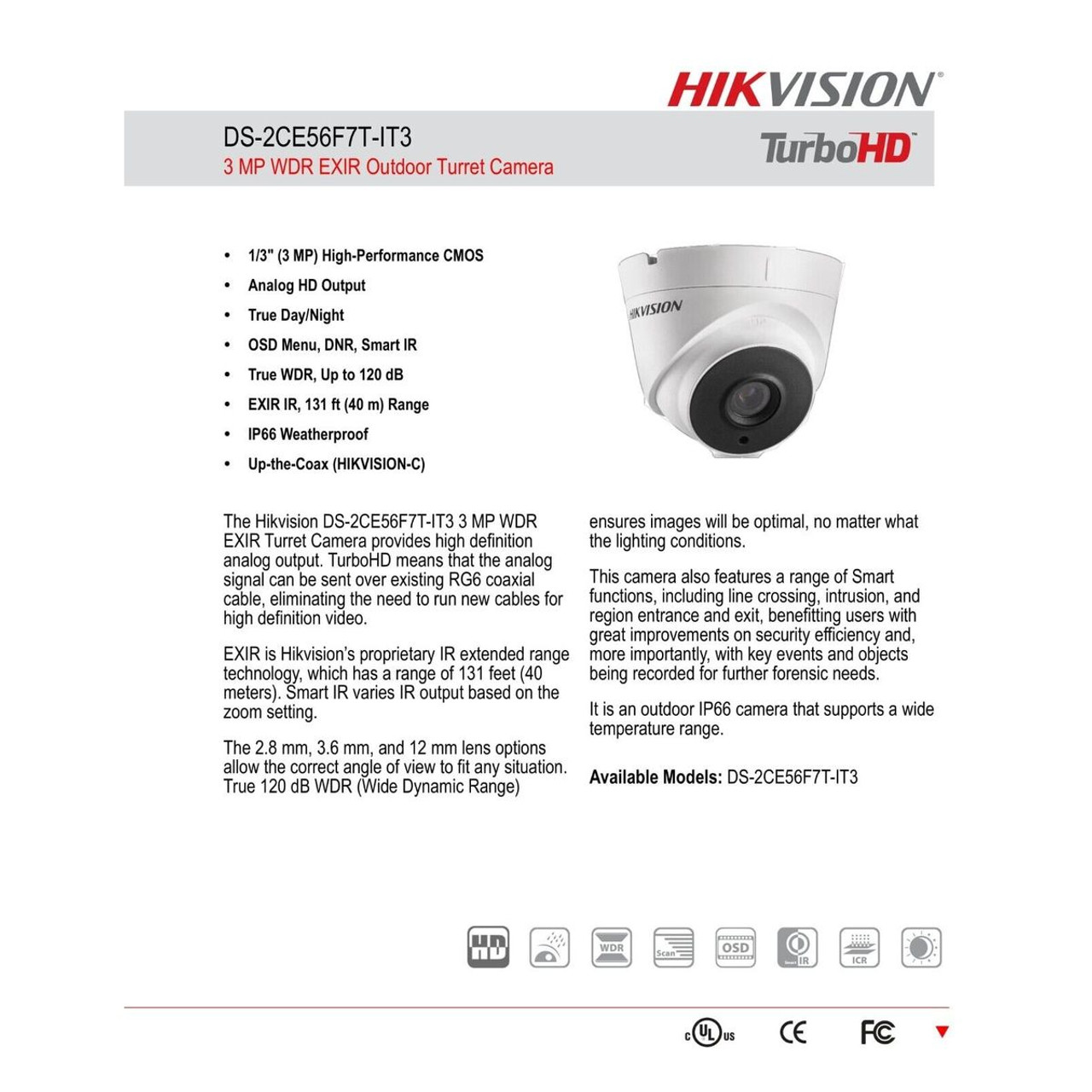 Hikvision® 3.6mm 3MP WDR EXIR Turret Camera product image
