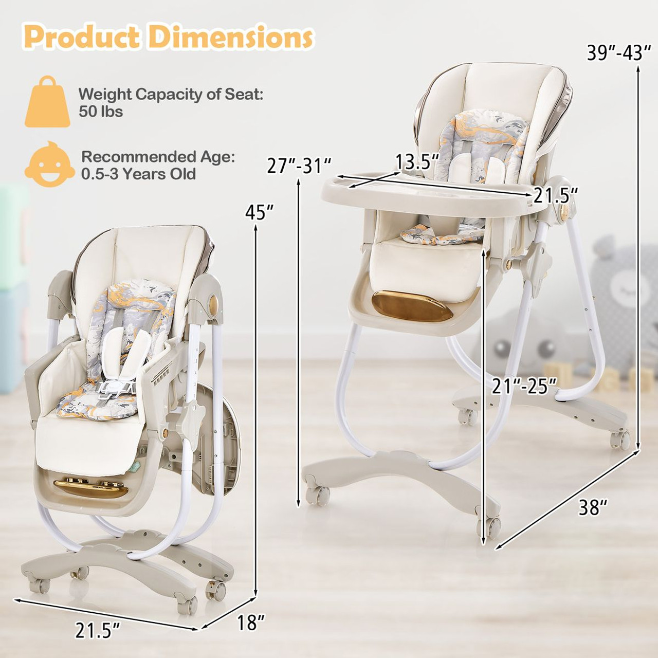 Folding Baby Dining High Chair with Adjustable Height & Recline product image