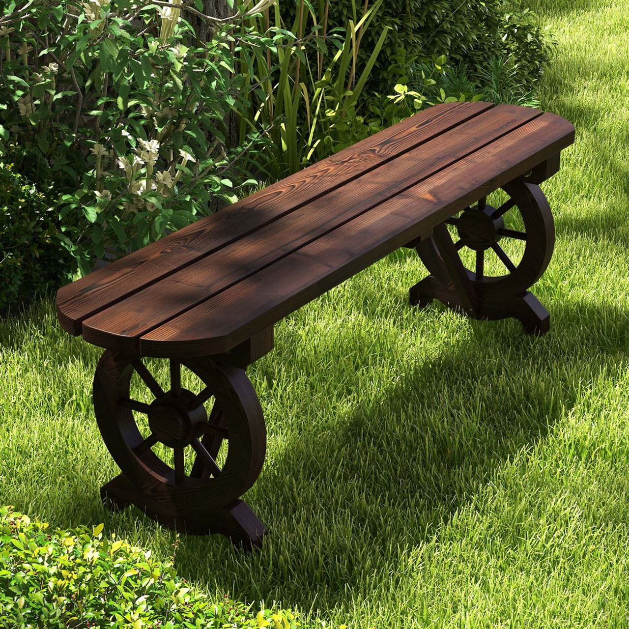 Rustic Wood Bench with Wagon Wheel Base product image