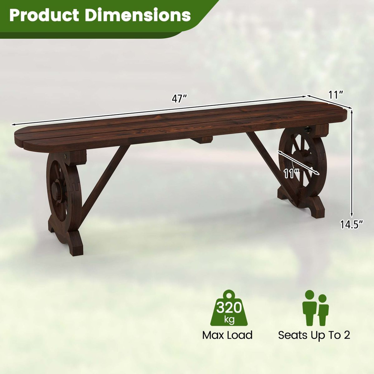 Rustic Wood Bench with Wagon Wheel Base product image