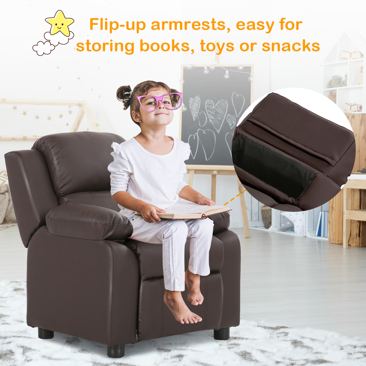 Deluxe Padded Kids Sofa Recliner with Storage Arm product image