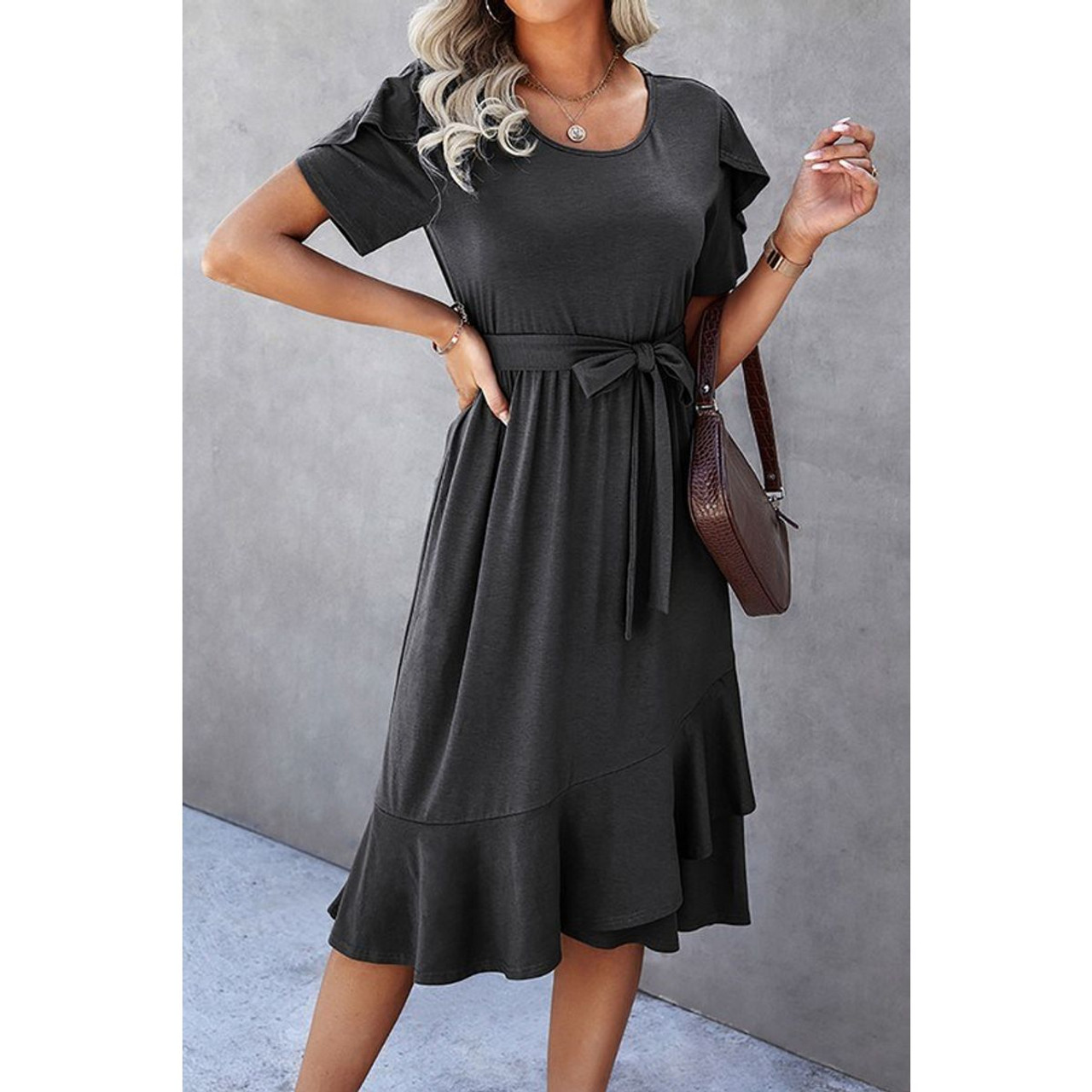Women's Casual Scoop Neck Ruffle Sleeve Dress with High-Waist Belt product image