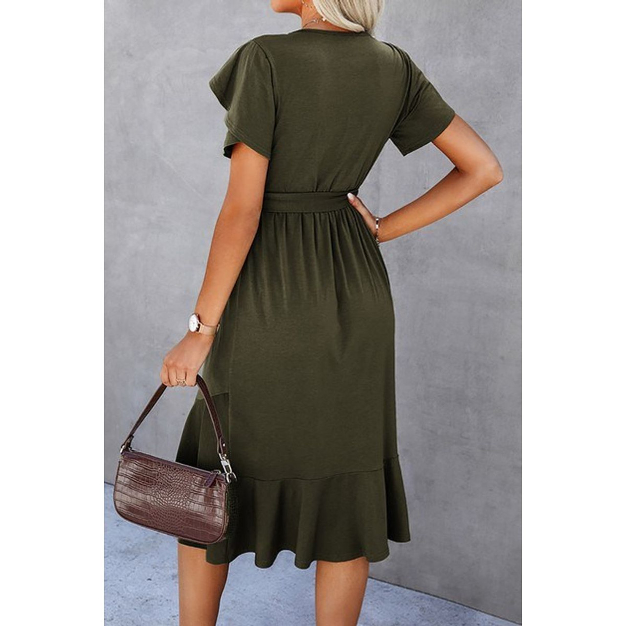 Women's Casual Scoop Neck Ruffle Sleeve Dress with High-Waist Belt product image