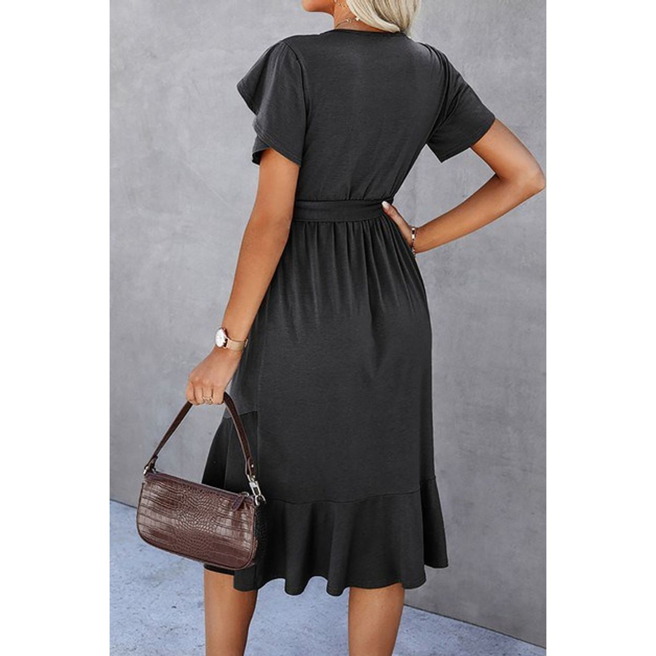 Women's Casual Scoop Neck Ruffle Sleeve Dress with High-Waist Belt product image
