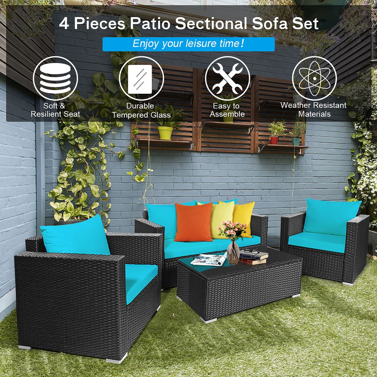 Costway 4-Piece Turquoise Rattan Patio Sofa Set product image