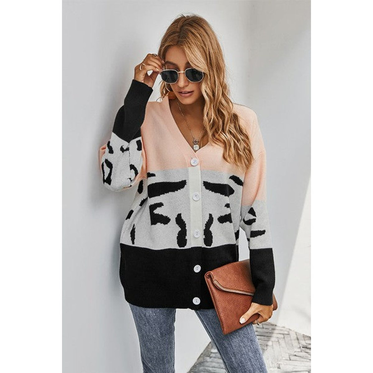 Women's Colorblock Large Button Knit Cardigan product image