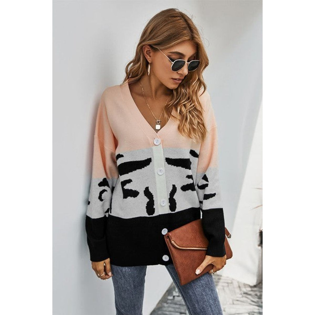 Women's Colorblock Large Button Knit Cardigan product image