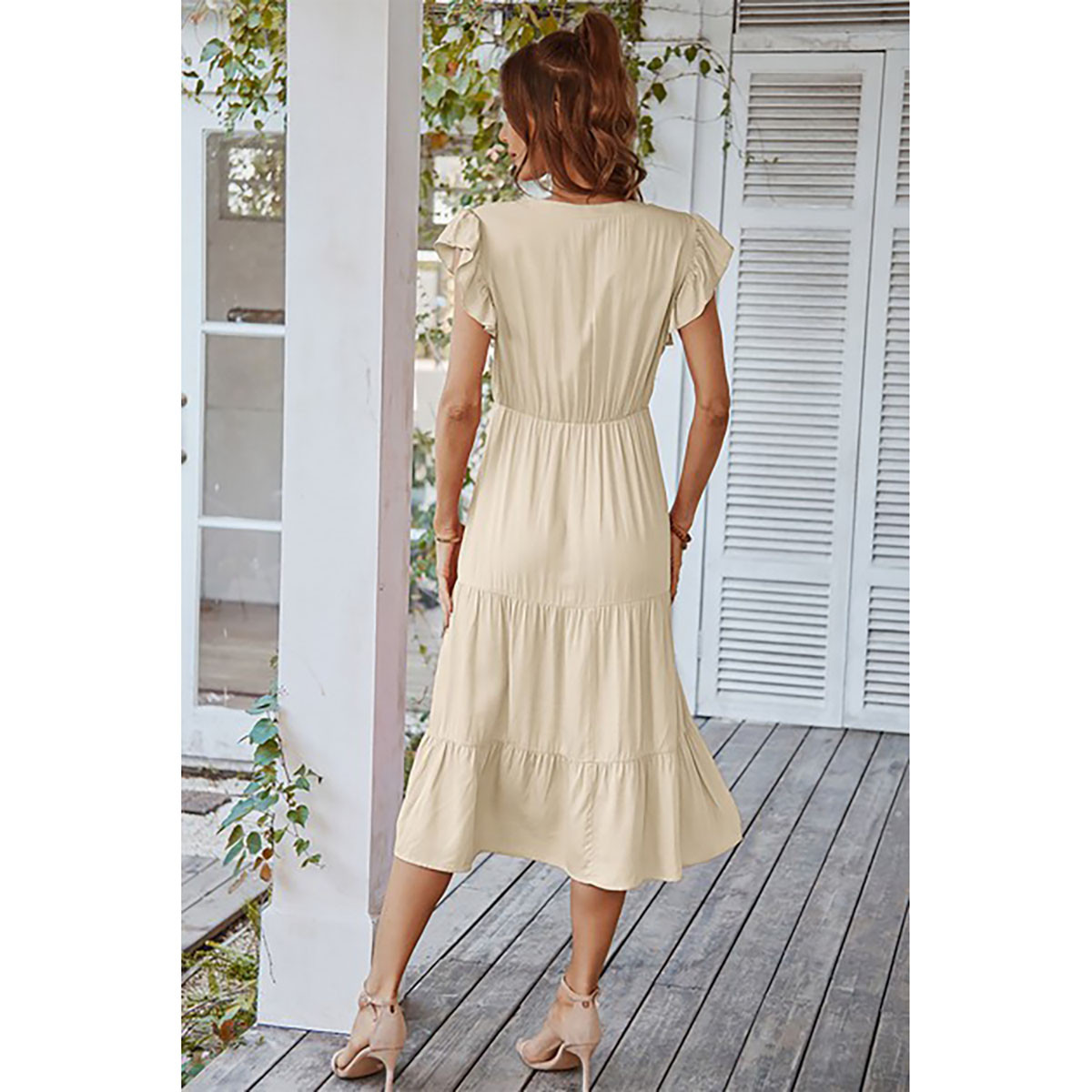 Women’s Midi Dress Floral V-Neck Flutter Sleeve | Lightweight