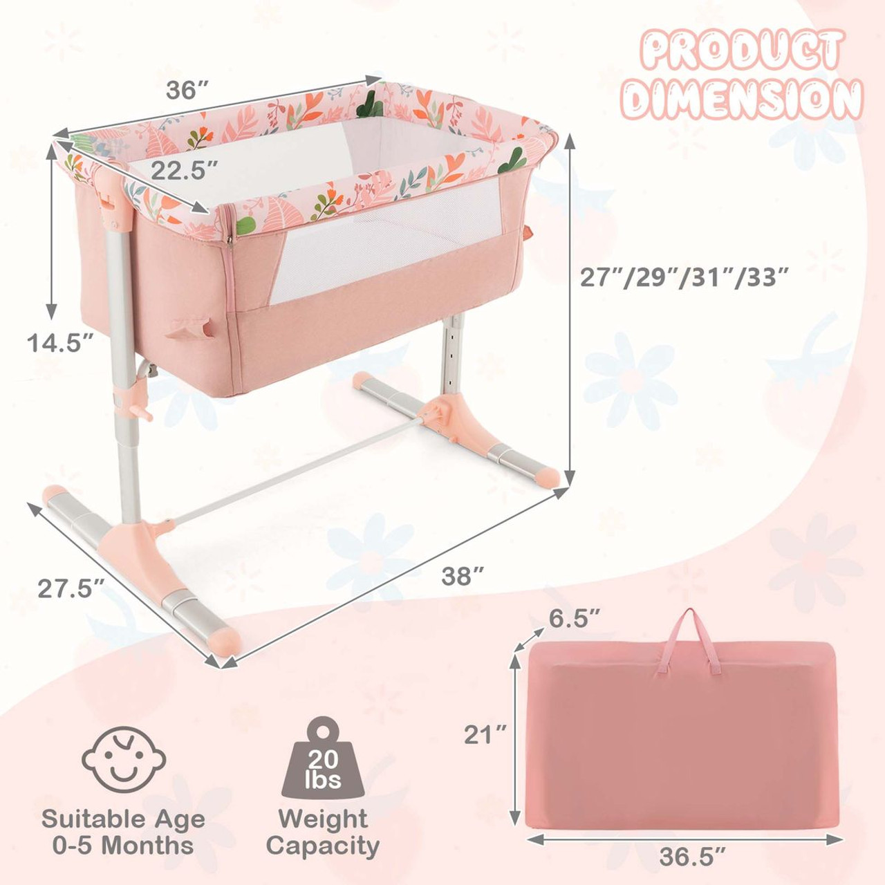 Folding Baby Bassinet Bedside Sleeper with 4 Adjustable Heights product image