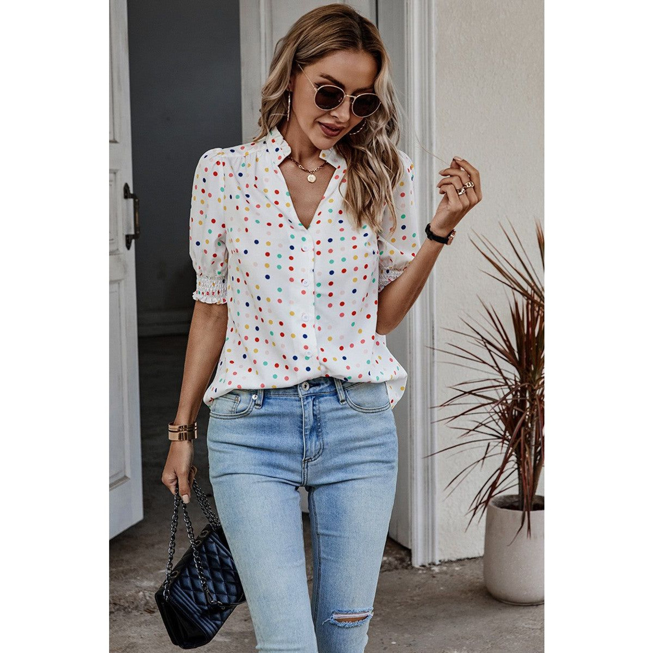 Women's Whimsy Polka Dot Puff Sleeve Blouse product image