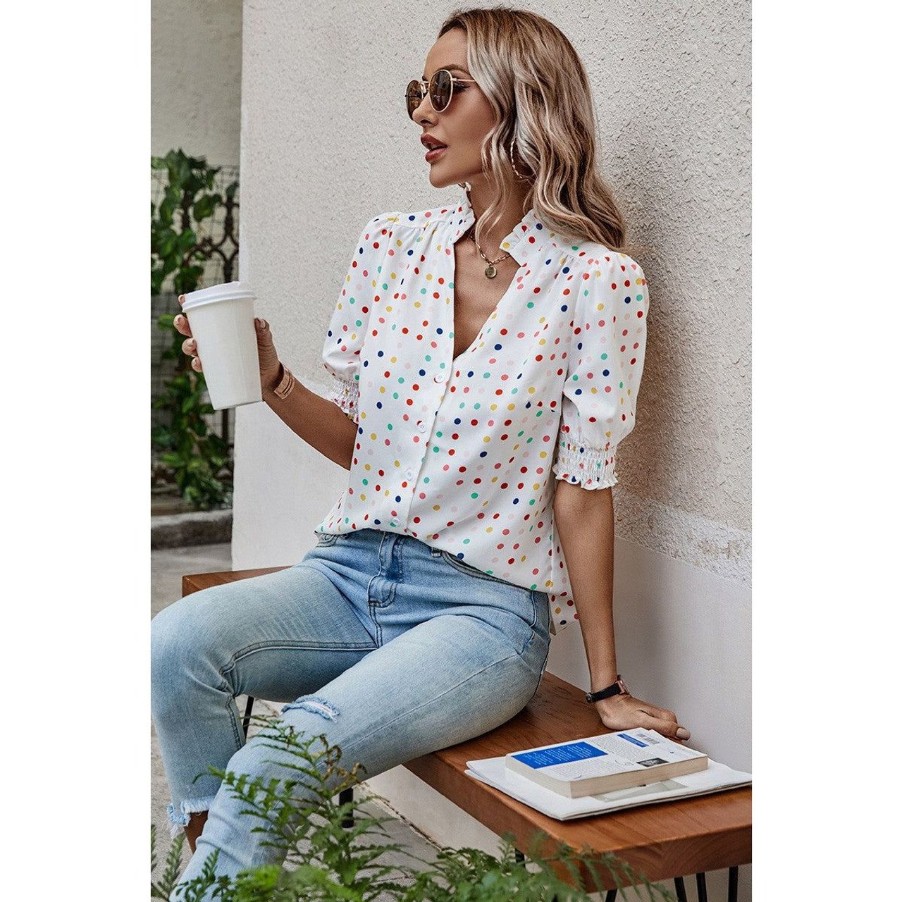 Women's Whimsy Polka Dot Puff Sleeve Blouse product image