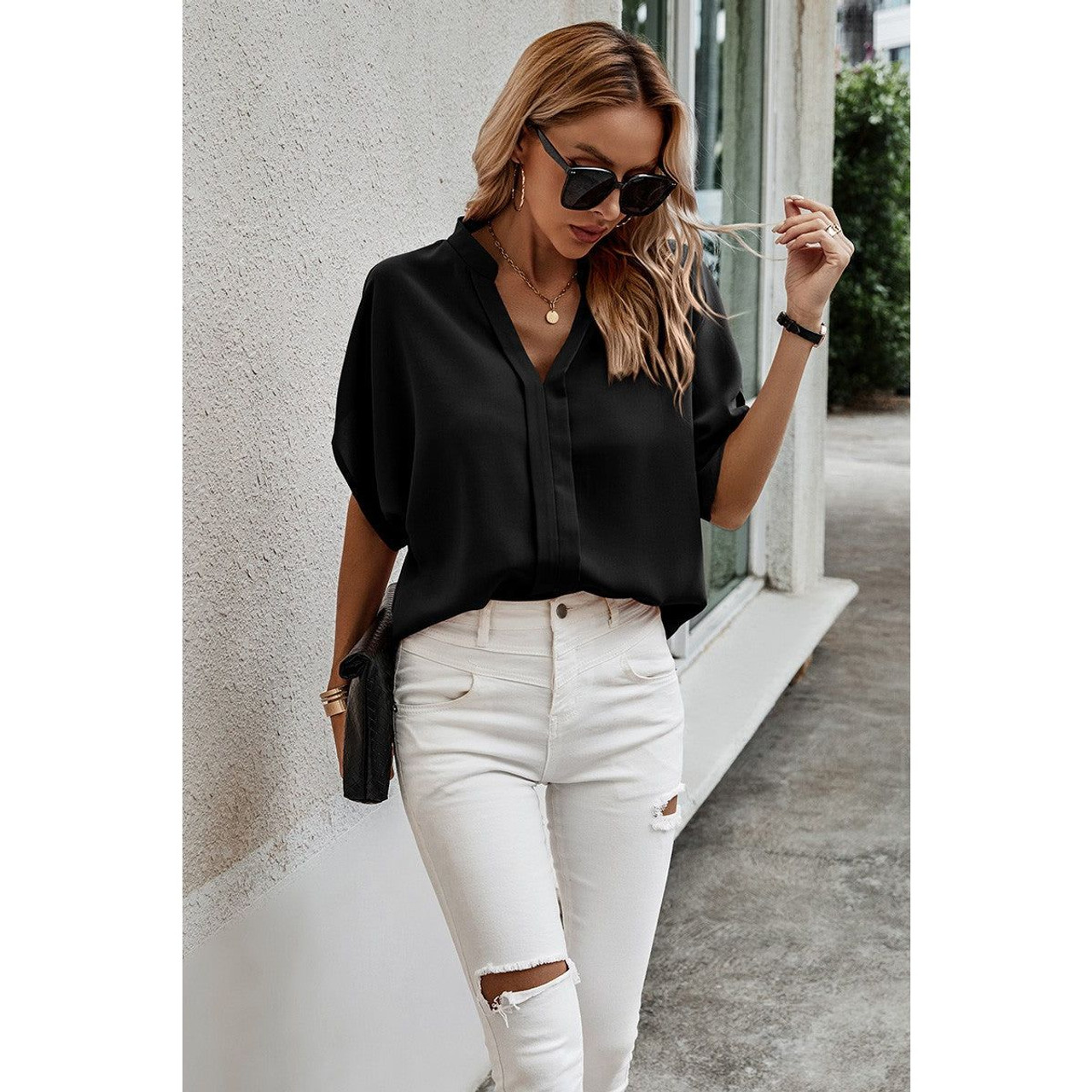 Women's V-Neck Dolman Petal Sleeve Blouse product image