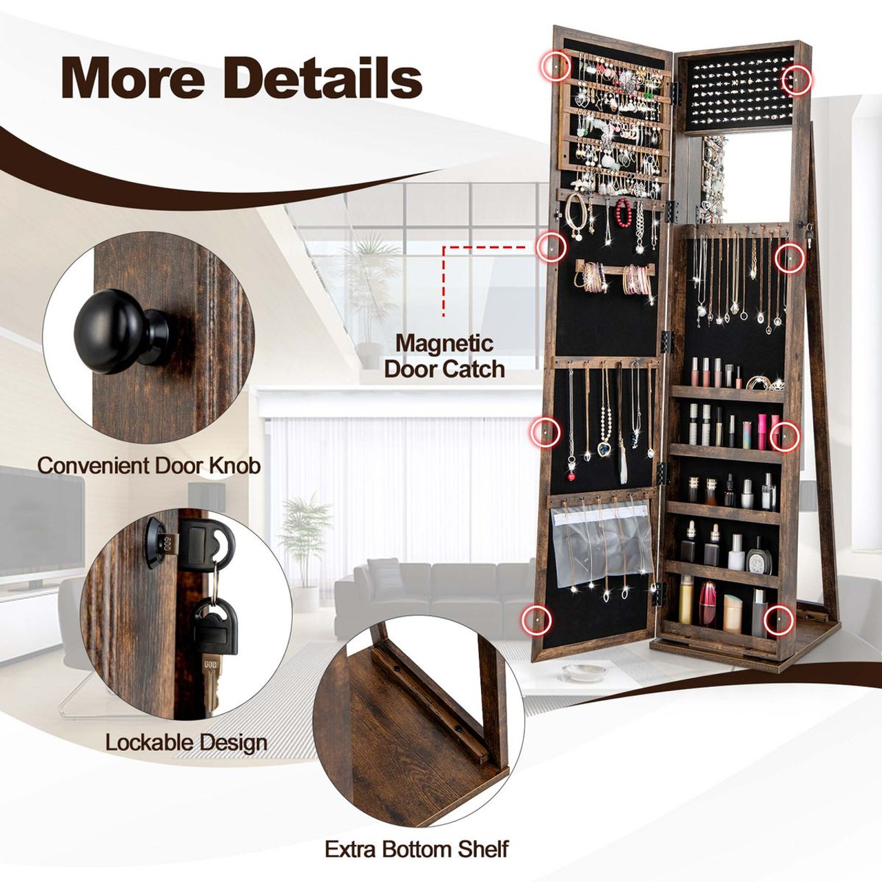 Lockable Standing Mirrored Jewelry Armoire product image