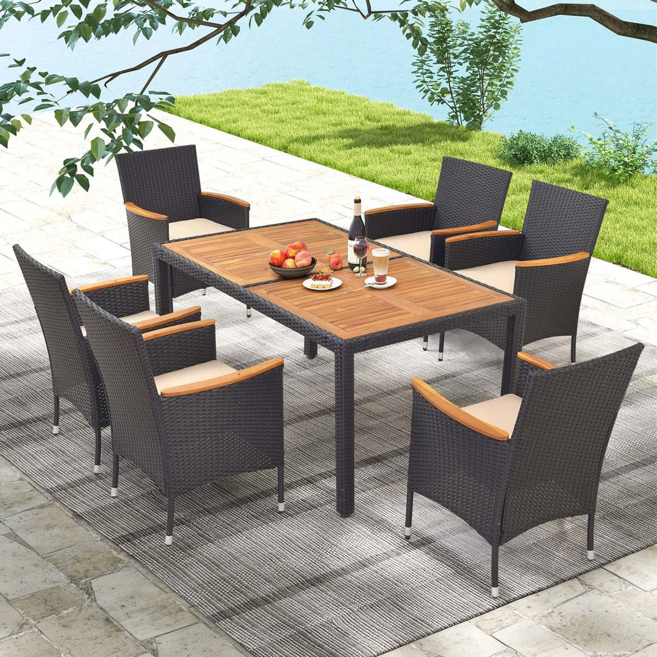 7-Piece Patio Rattan Dining Set with Umbrella Hole & Cushioned Armchairs product image