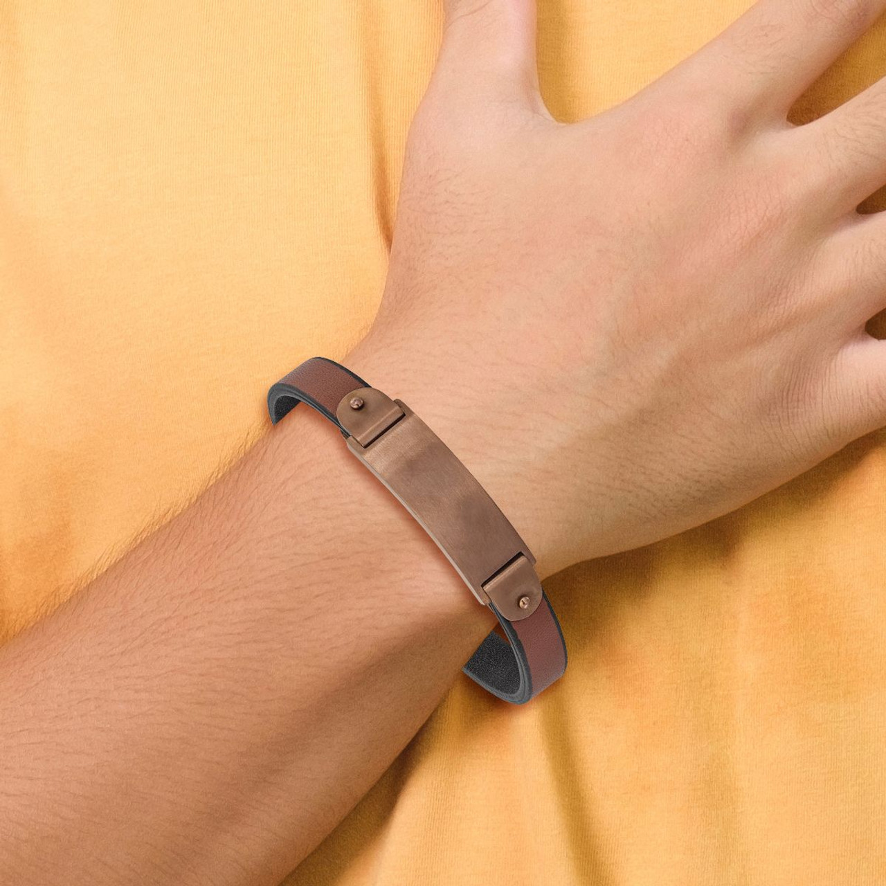 8.-5-inch Brushed IP-Plated Stainless Steel Leather Bracelet product image