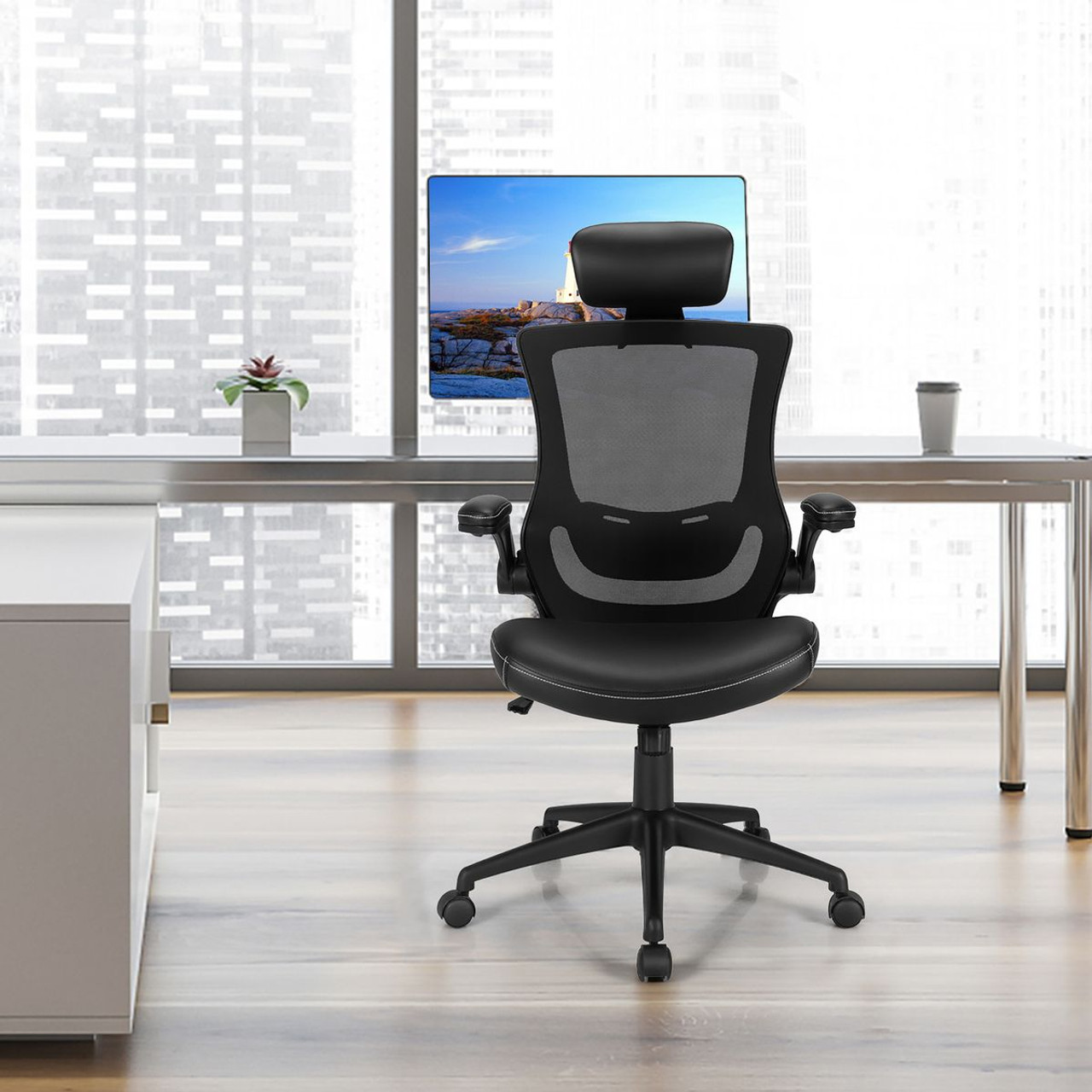 Mesh Swivel Office Chair with Flip-up Arms and Leather Seat product image