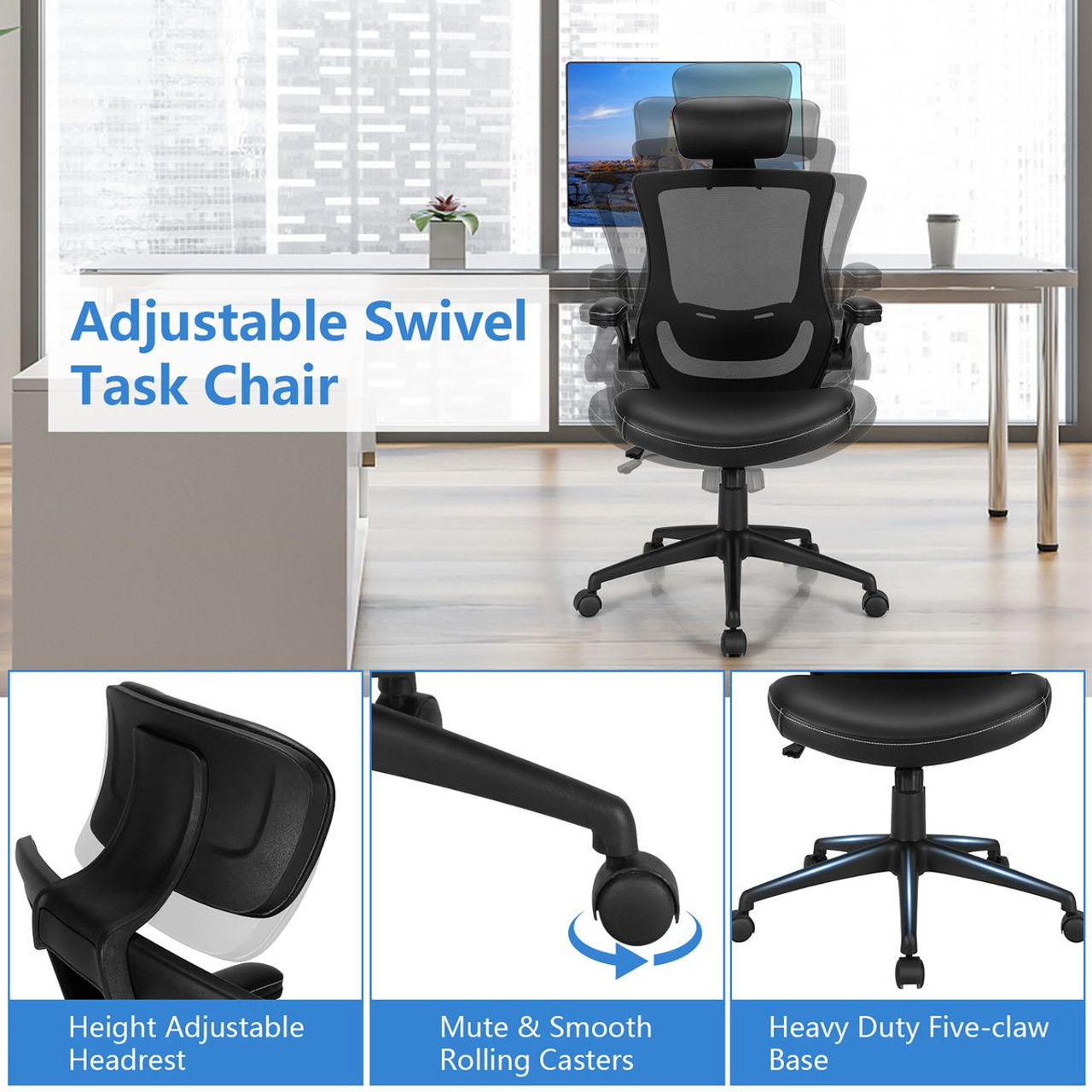 Mesh Swivel Office Chair with Flip-up Arms and Leather Seat product image