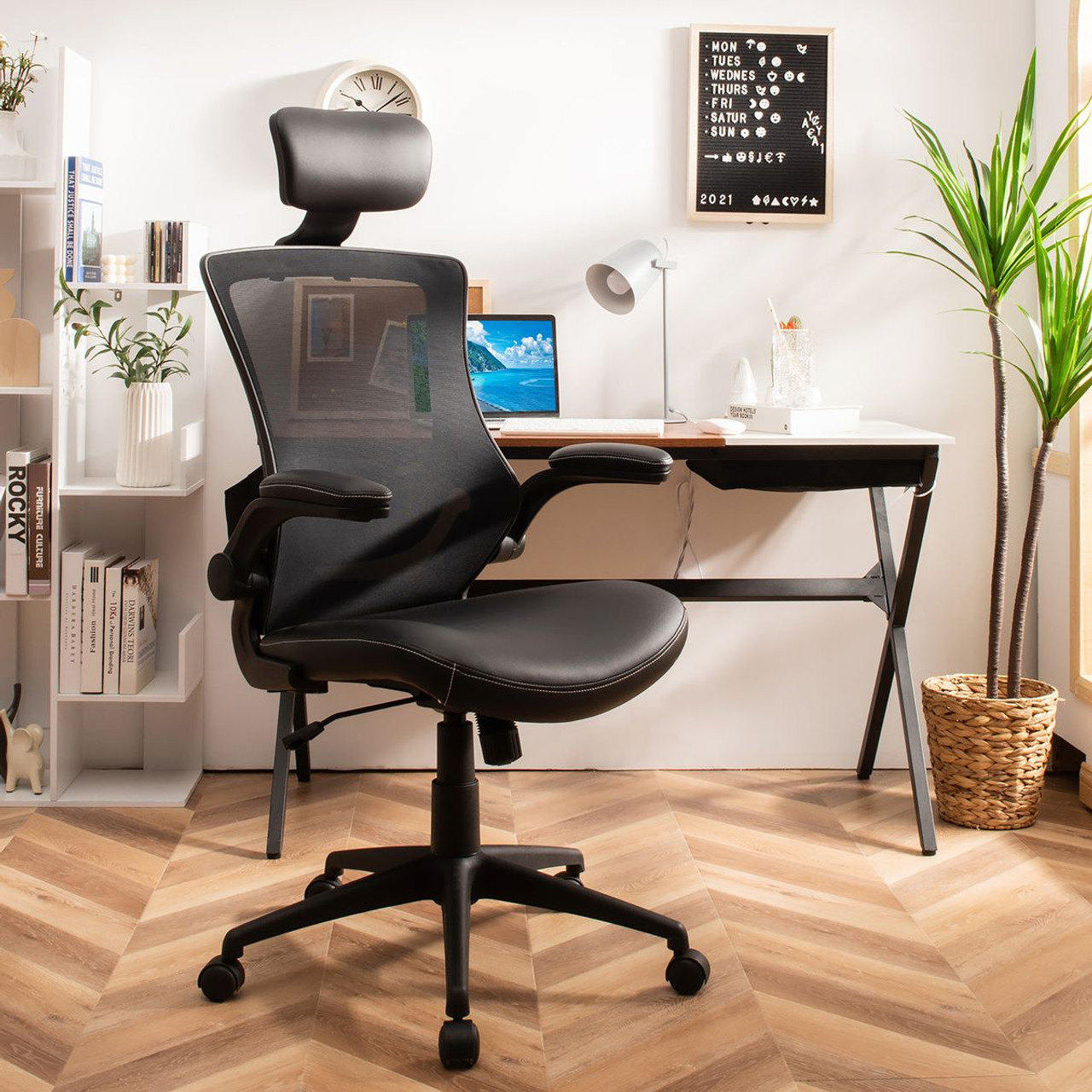 Mesh Swivel Office Chair with Flip-up Arms and Leather Seat product image