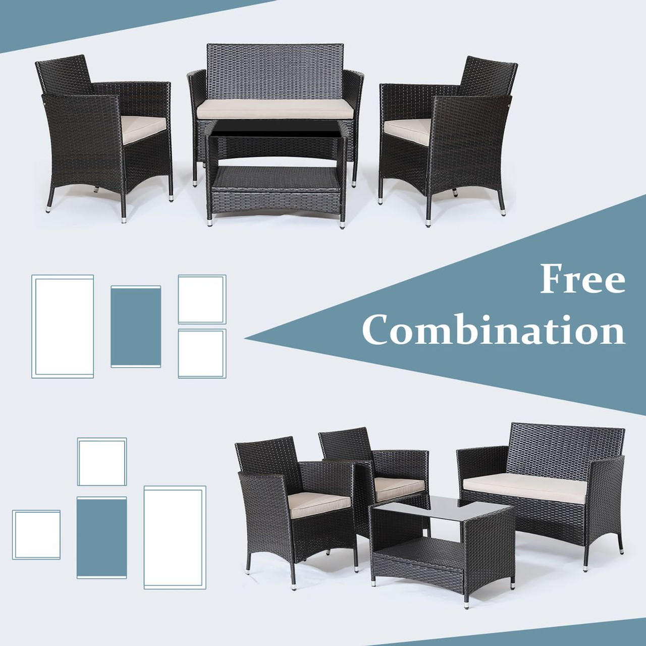 4-Piece Patio Conversation Set with Soft Cushions & Tempered Glass Tabletop product image