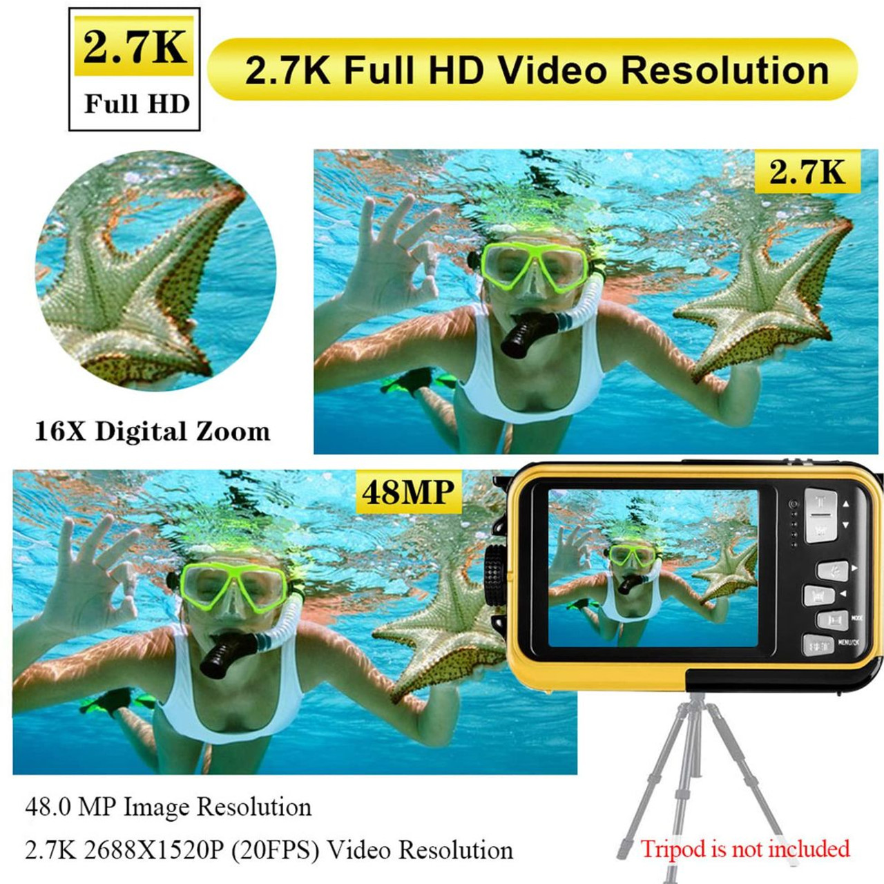 Waterproof Digital Camera Underwater Camera Full HD 2.7K 48 MP Video Recorder Selfie Dual Screens 16X Digital Zoom Flashlight Waterproof Camera for Snorkeling (Yellow) product image